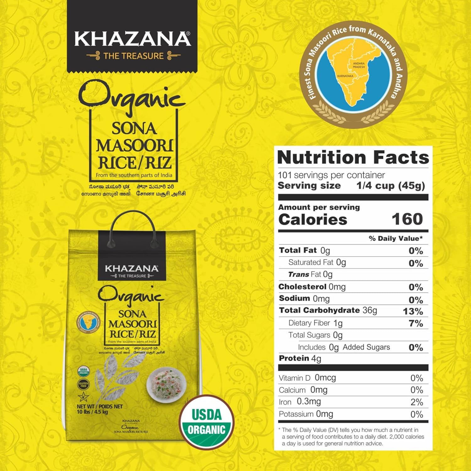 Organic Sona Masoori Rice by Khazana in 10 lb Bag - Aromatic and Flavorful Indian Grain - Non-GMO, Gluten Free, Kosher, Cholesterol Free