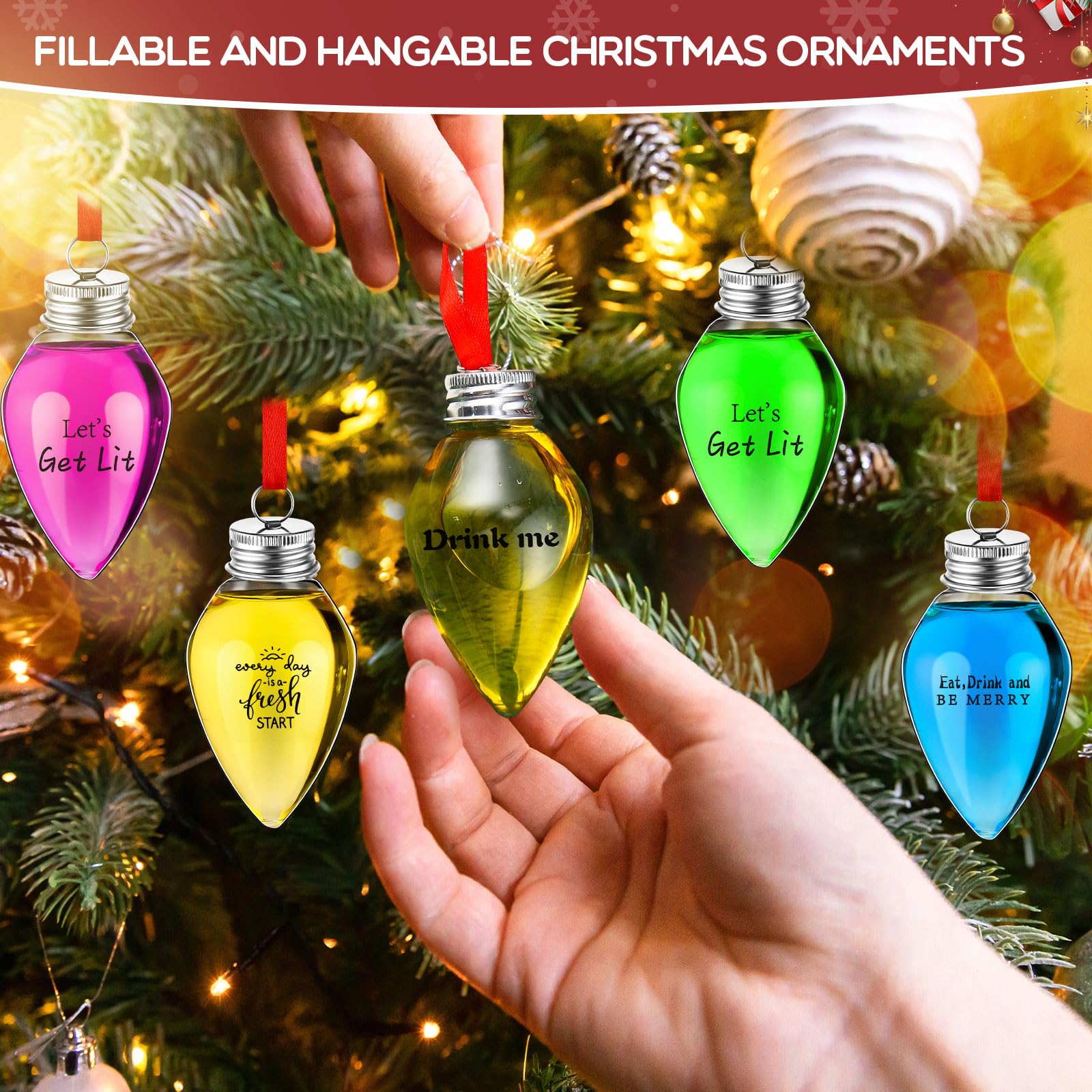 Baquler Lot de 50 boules de Noël en forme de verre à liqueur en plastique à remplir pour sapin de Noël - Ampoules transparentes pour décoration de fête d'intérieur et d'extérieur (gouttes d'eau)