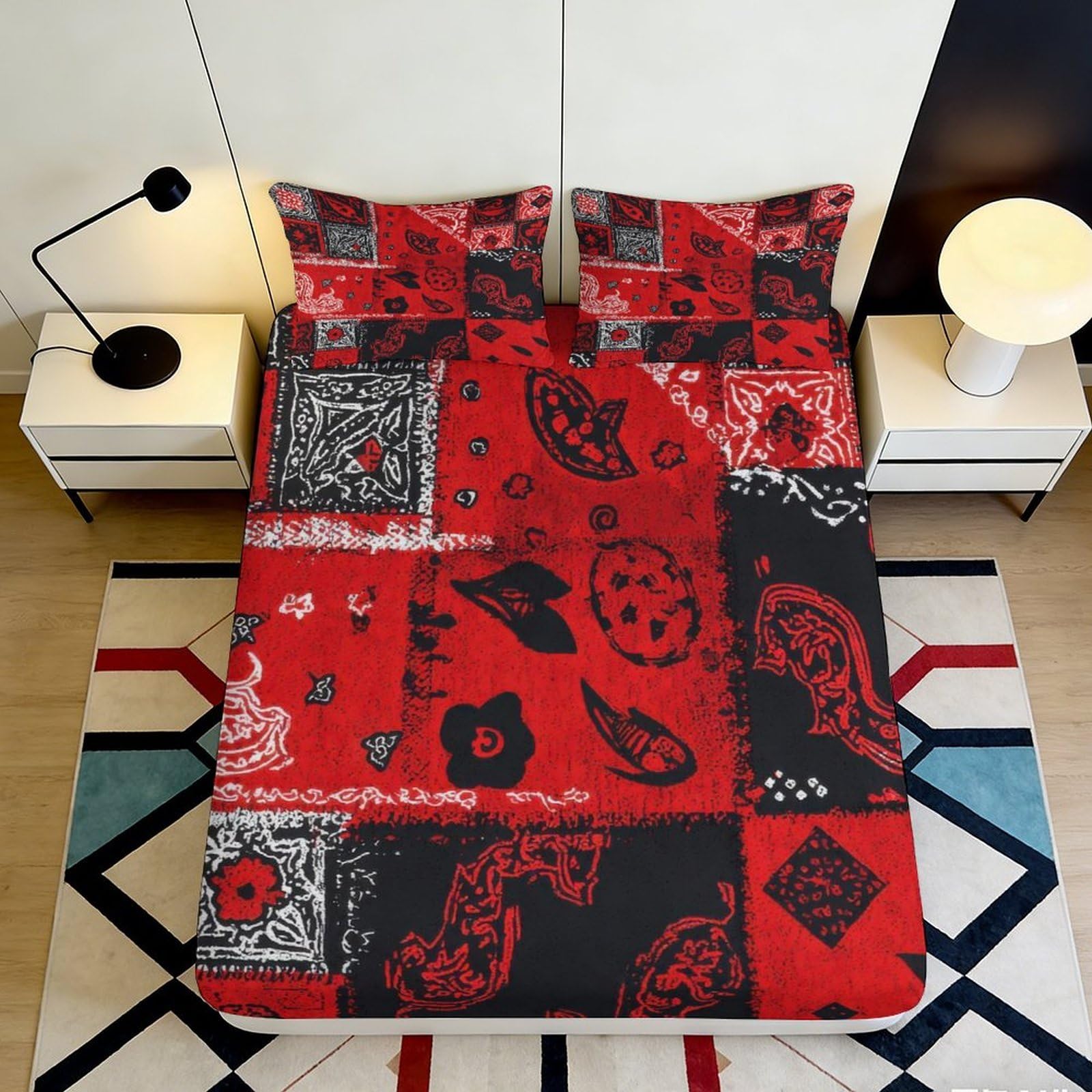 3D Printed Red Bandana Fitted Sheet Microfiber Soft Black Paisley Bed Cover for Bedroom Guest Room Decor 90x200x25cm