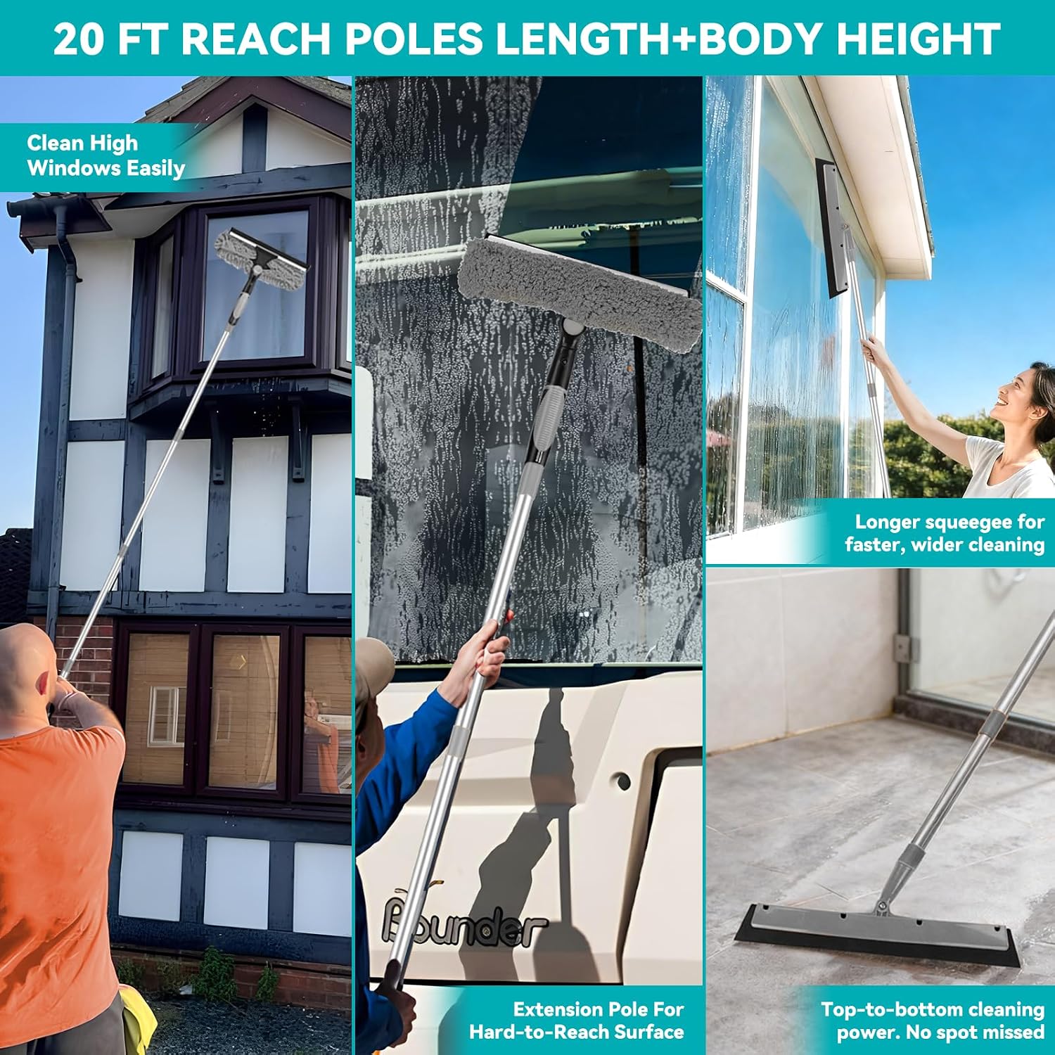 2-in-1 squeegee for window cleaning: 20+ Ft Long Reach cleaner tool with extension pole in home office commercial building Skylight Floor Ceiling Wall Dusting for Homeowner Car Enthusiast DIY Cleaners image 5