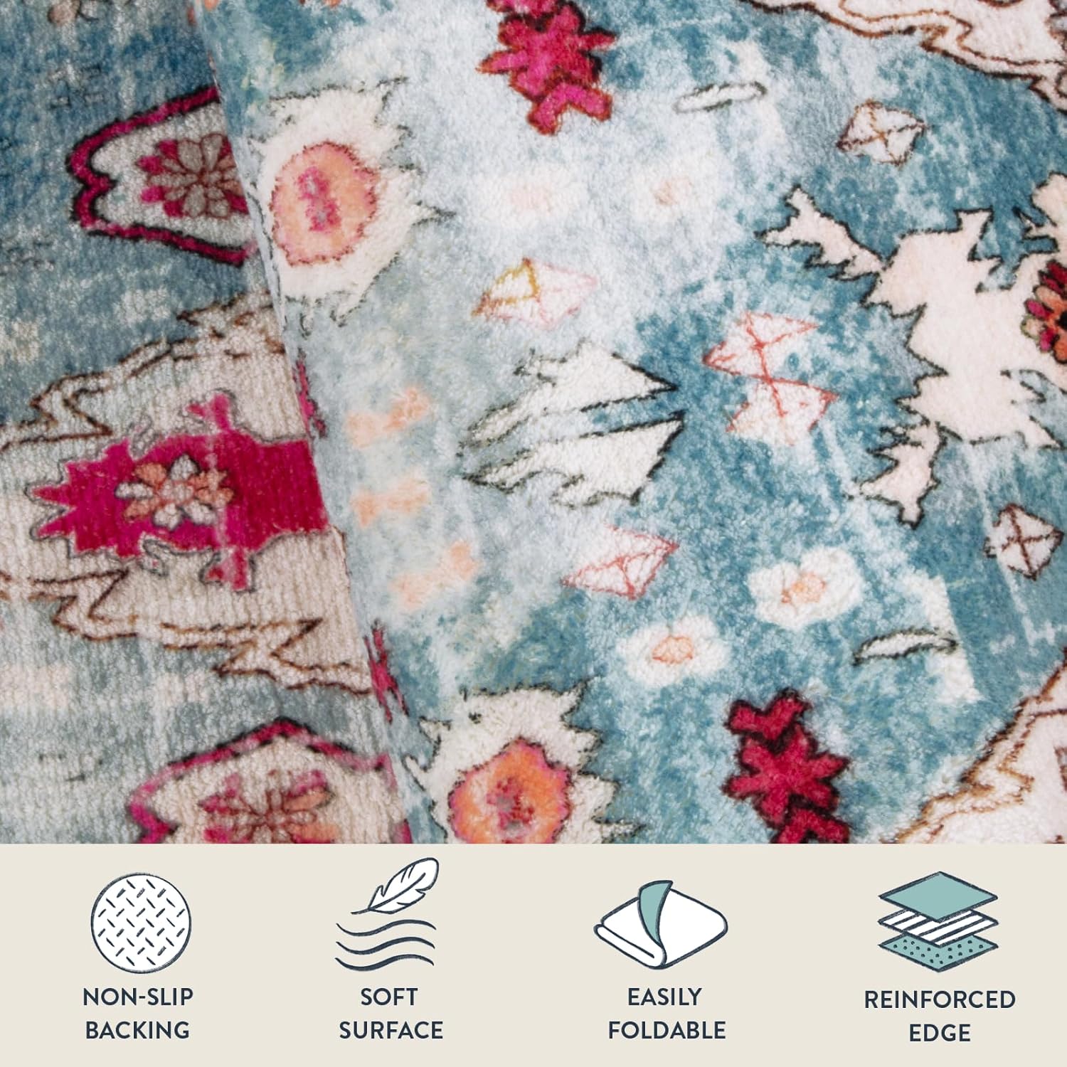Lahome Felice Boho Tribal Area Rug - 2x3 Small Aqua Bath Rugs Kitchen Throw Mat, Soft Washable Non Slip Non Shedding Bohemian Bathroom Bedroom Carpet for Front Door Living Room Stove Chair