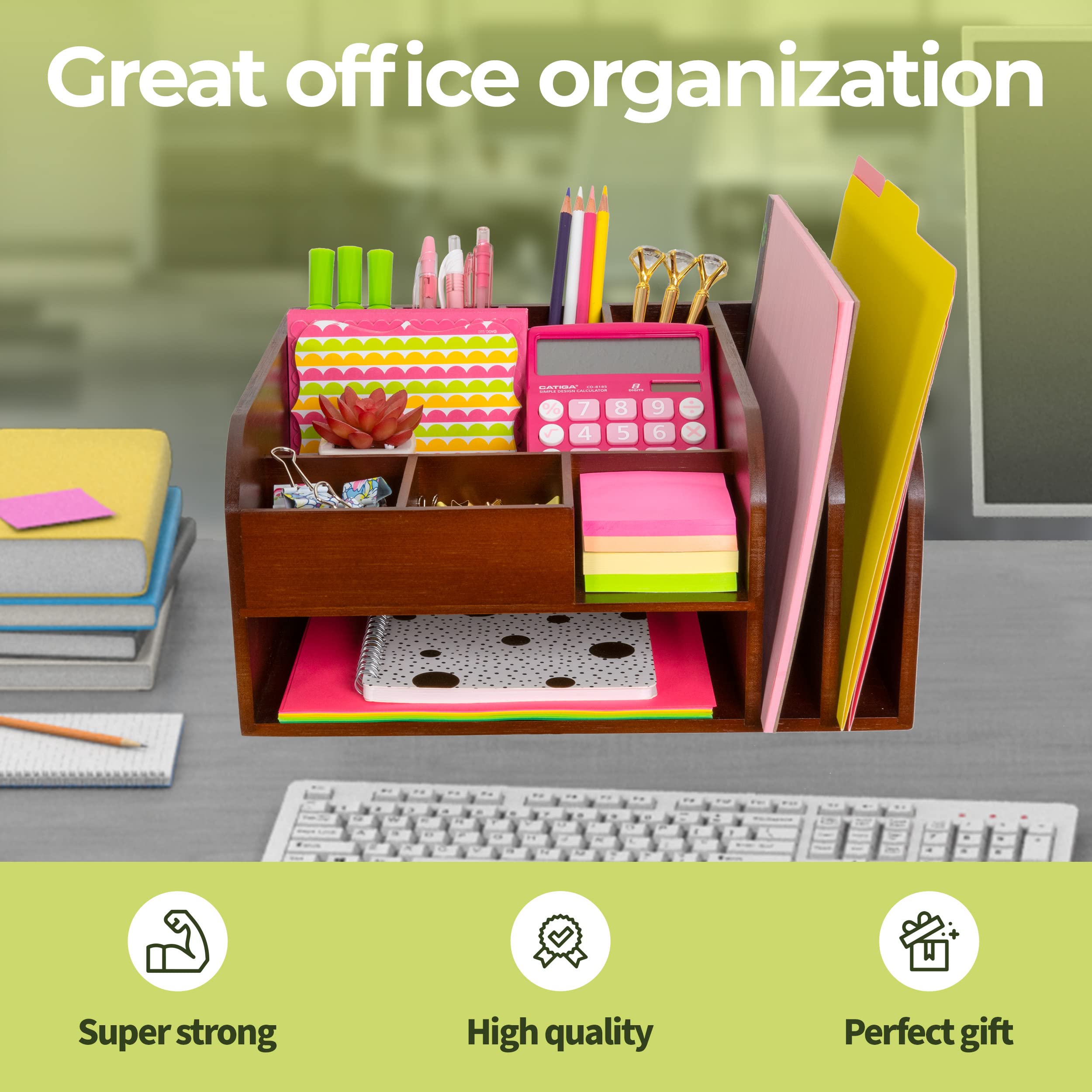 MissionMax Brown Bamboo Desk Organizer with attached Upright File Holders. Fully Assembled and Holds all your Accessories, Supplies and Storage needs for Office, Home and Classroom Organization