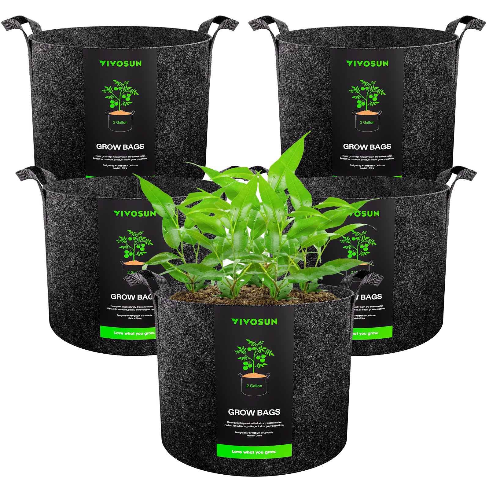 VIVOSUN 5-Pack 2 Gallon Grow Bags Heavy Duty Thickened Nonwoven Fabric Pots with Handles