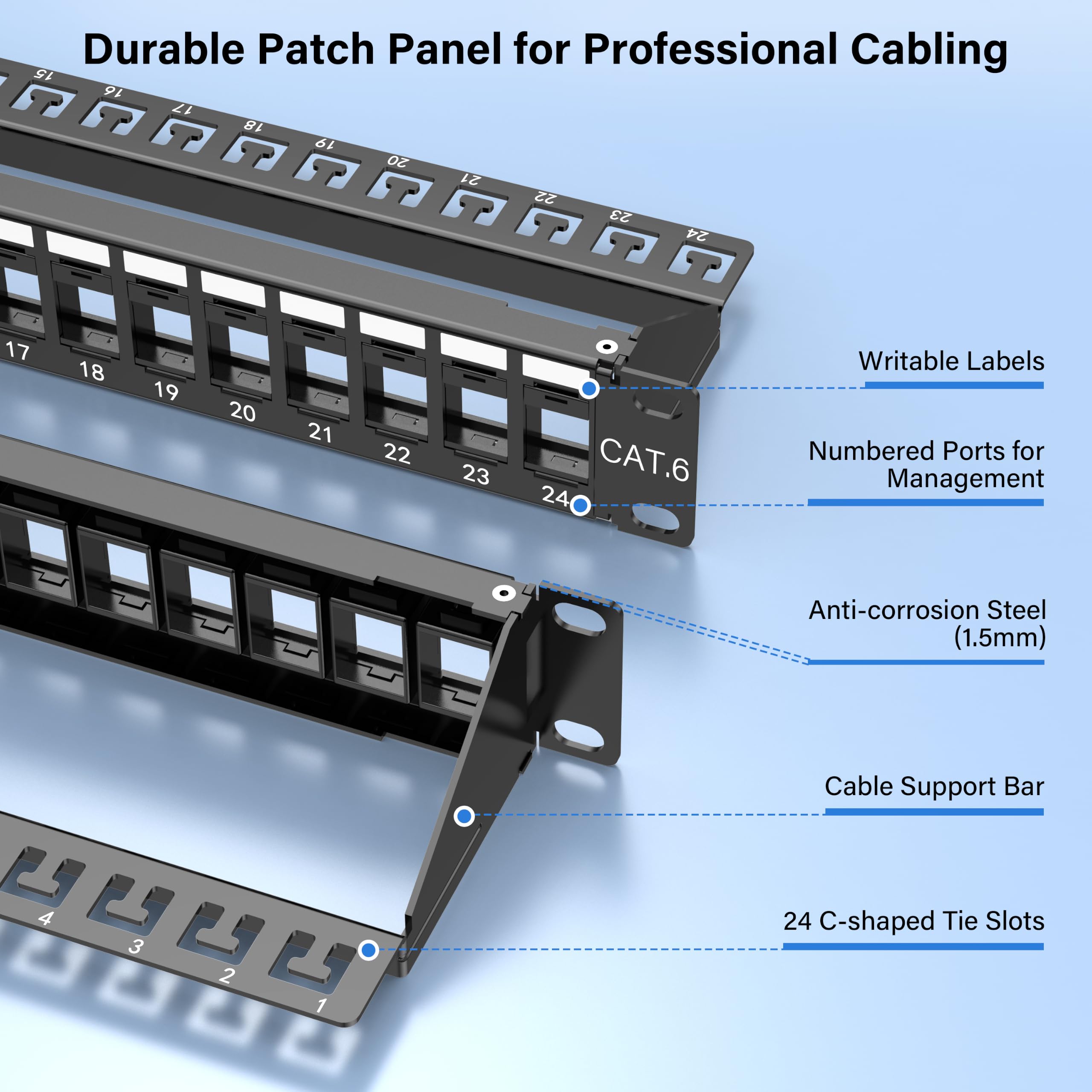 Jadaol Panneau de brassage vierge 1U de 19 po, panneau Keystone à montage en rack à 24 ports pour Cat6/Cat6a, HDMI, coaxial, fibre et audio – Cadre en métal (prises Keystone non incluses)