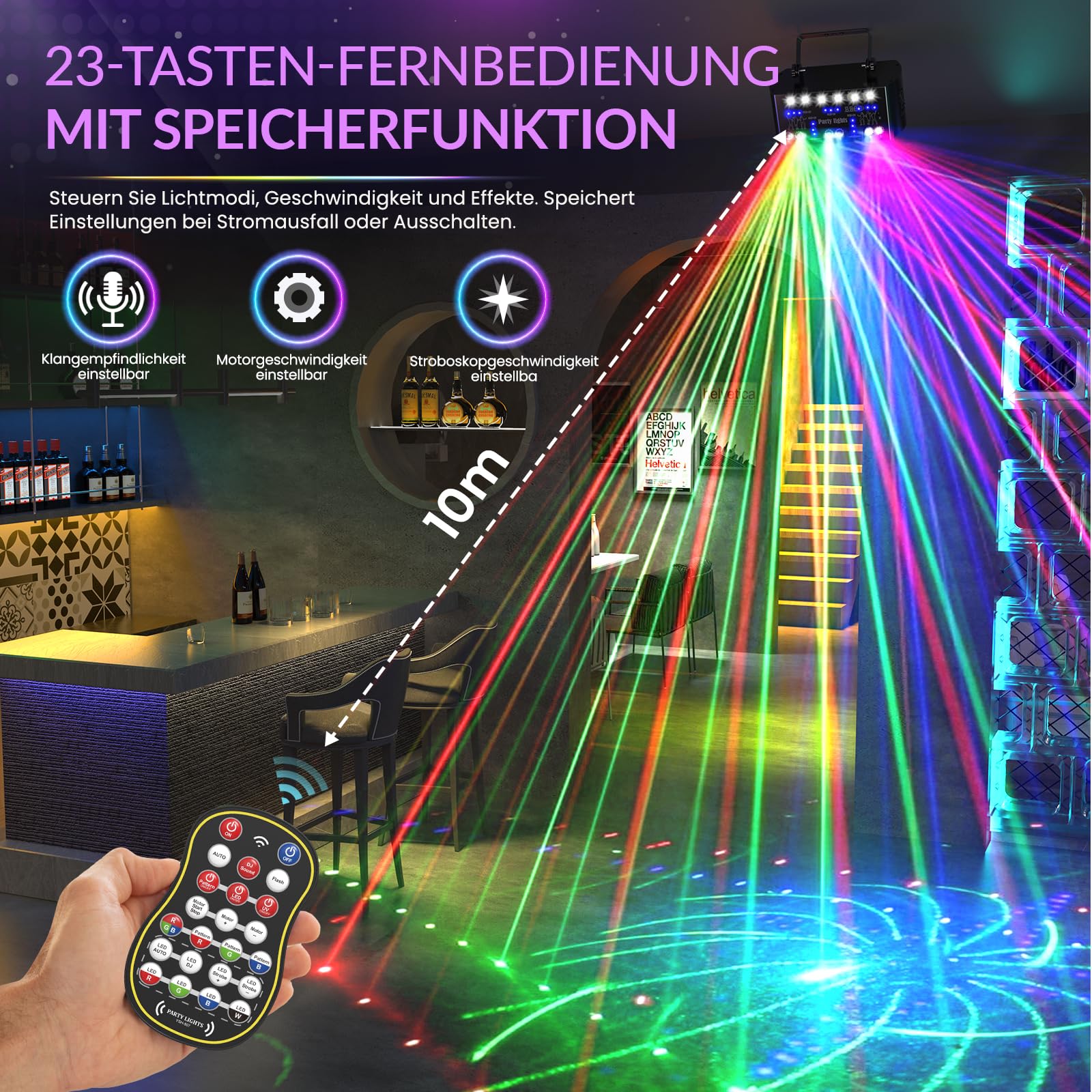 Discolicht Partylicht LED mit RGB & UV, DMX & Fernbedienung, 3-fach Motor Speed, 4 Strobe Modi, Party Laser Projektor für DJ, Discokugel Beleuchtung & Party Dekoration