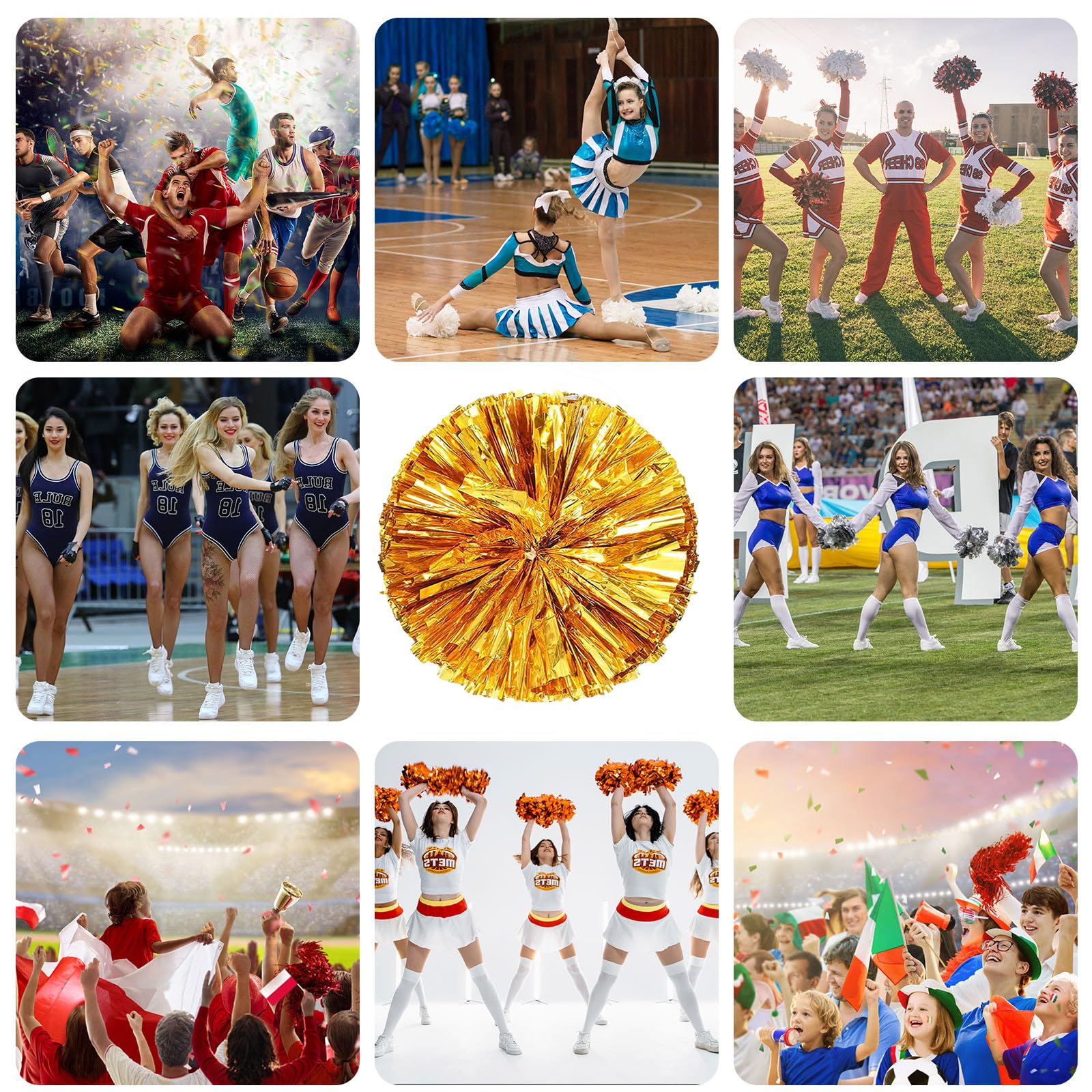Lot de 20 pompons de pom-pom girl, 35cm, pour équipes sportives, entraînements de danse et fêtes, avec poignées. (Couleur or)