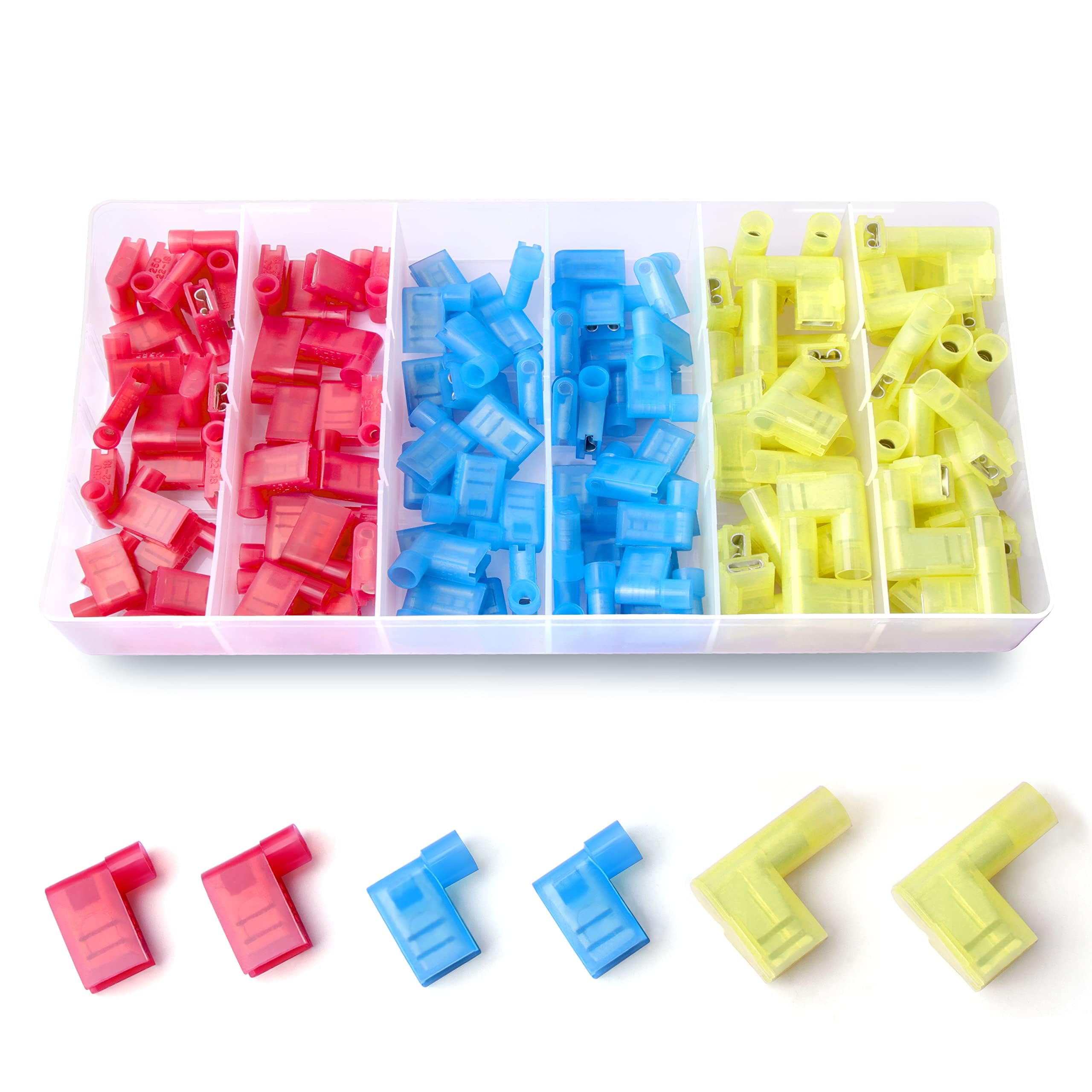 Flytuo 120PCS Nylon Insulated Flag Spade Quick Disconnects Wire Connectors, 90 Degree Electrical Female Crimp Terminals Assortment Kit AWG22-10 — image 1