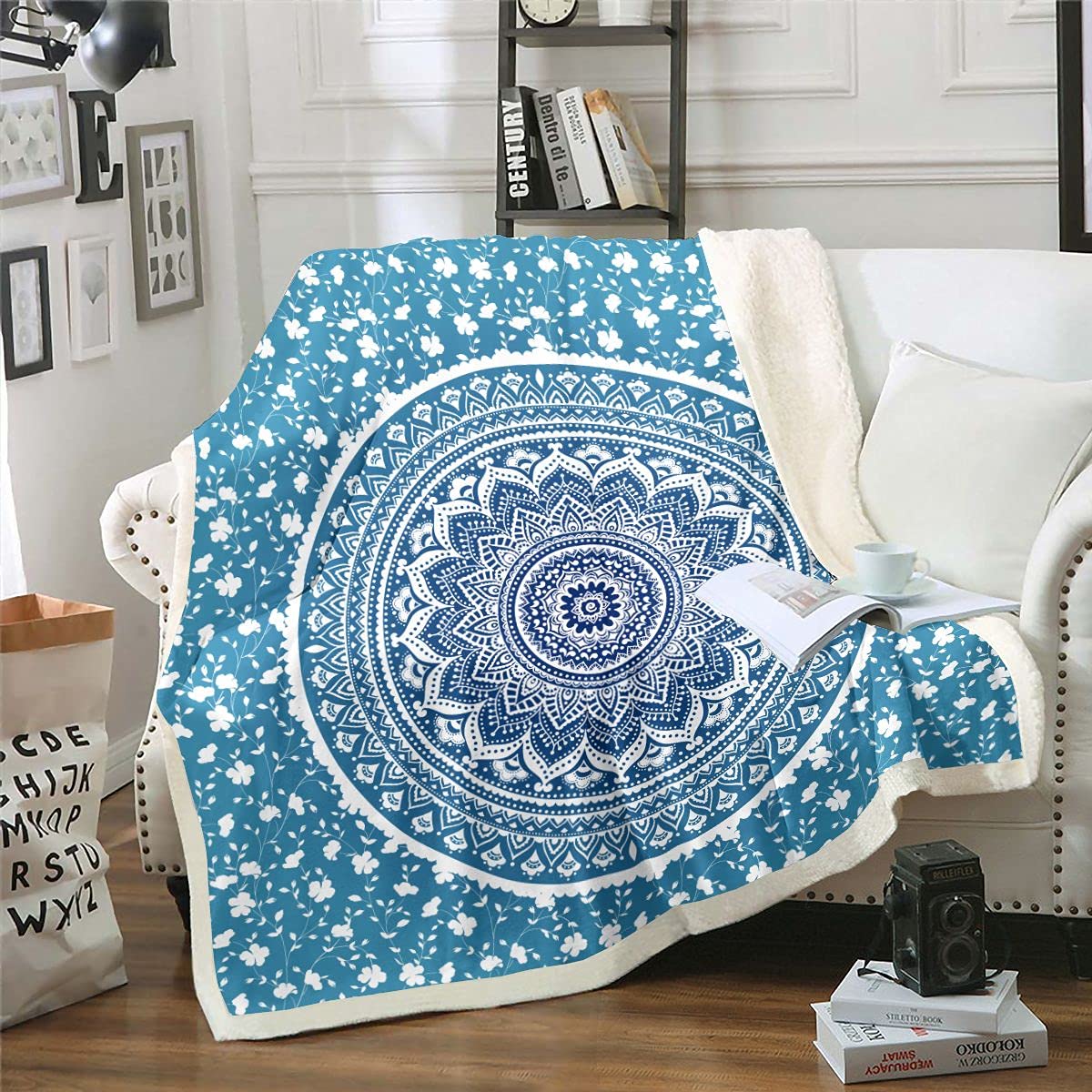 Loussiesd Boho Mandala Fleece Throw Blanket Bohemian Style Plush Blanket for Bed Sofa Hippie Mandala Sherpa Blanket Decorative Exotic Floral Fuzzy Blanket Blue White Baby 30x40 Inch