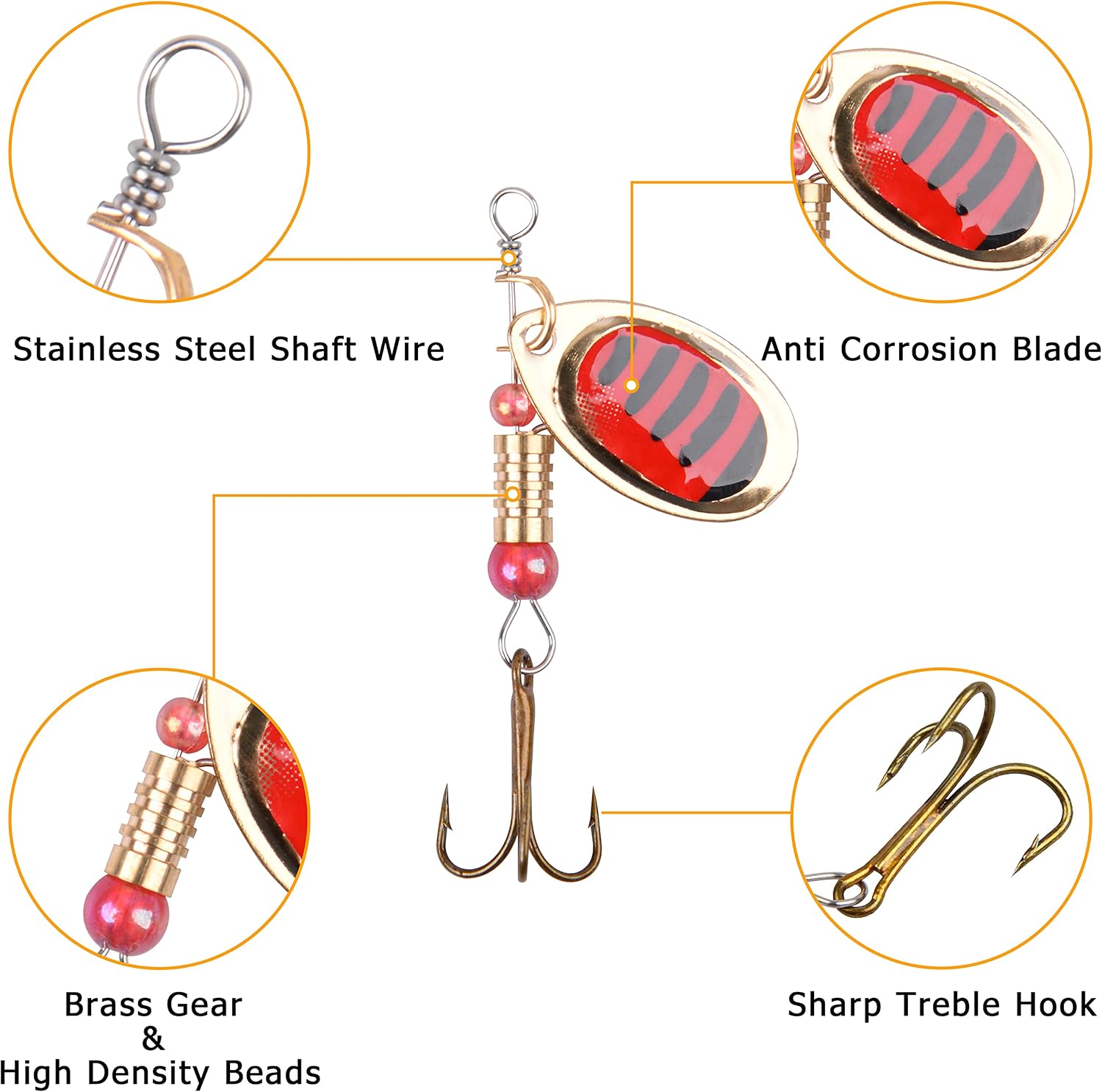 16pcs Spinner Baits Bass Lures Rooster Feather Tail Fishing Lures Trout Lures Hard Metal Inline SpinnerBaits for Bass Trout Pike Perch Walleye Crappie Fishing with Portable Bag