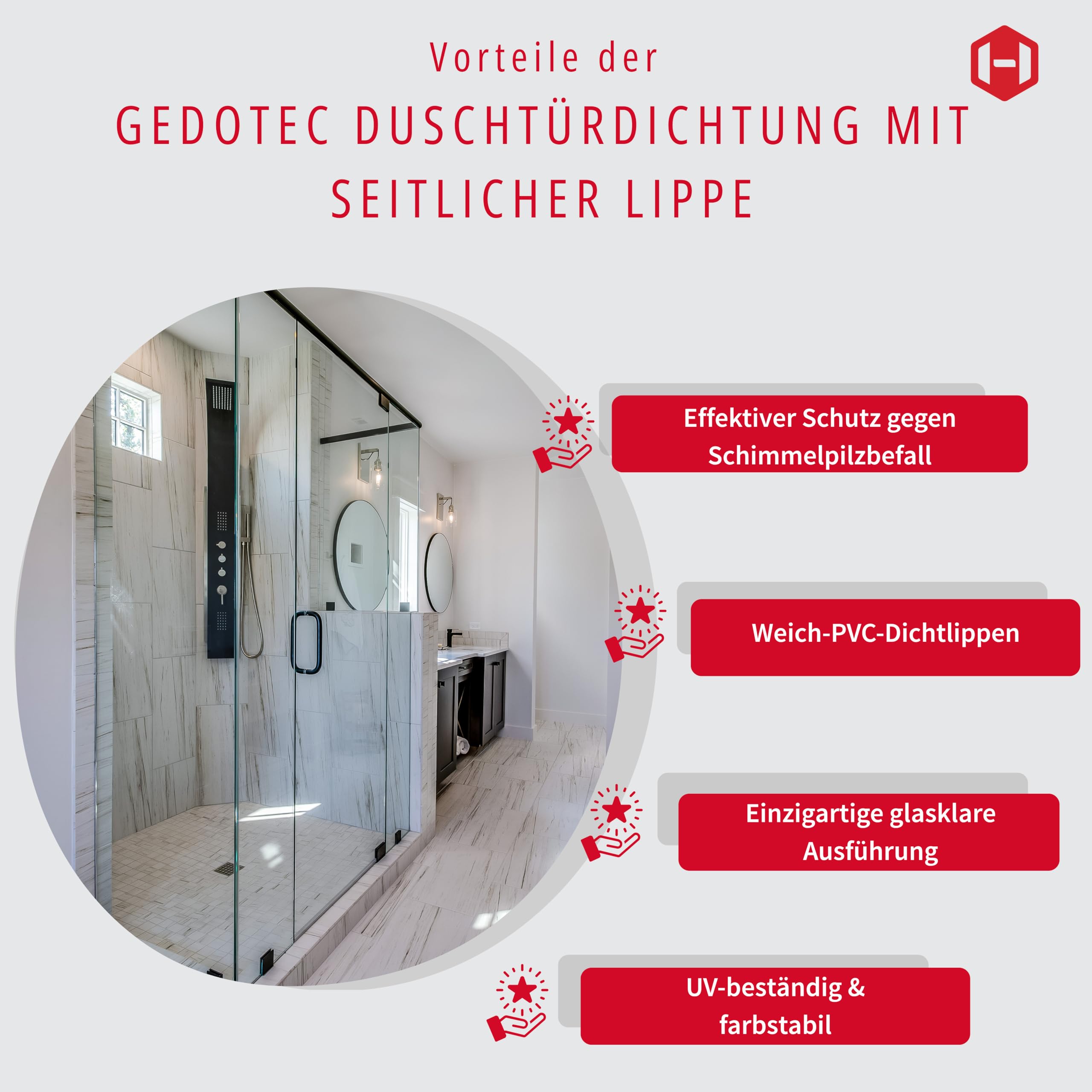 Gedotec Uszczelka do kabiny prysznicowej, czarna, premium uszczelka z bocznym otworem na szybersztyft, 700 mm, grubość szkła 6-8 mm, uszczelka drzwi, PVC, odporna na wodę, uszczelki do kabin