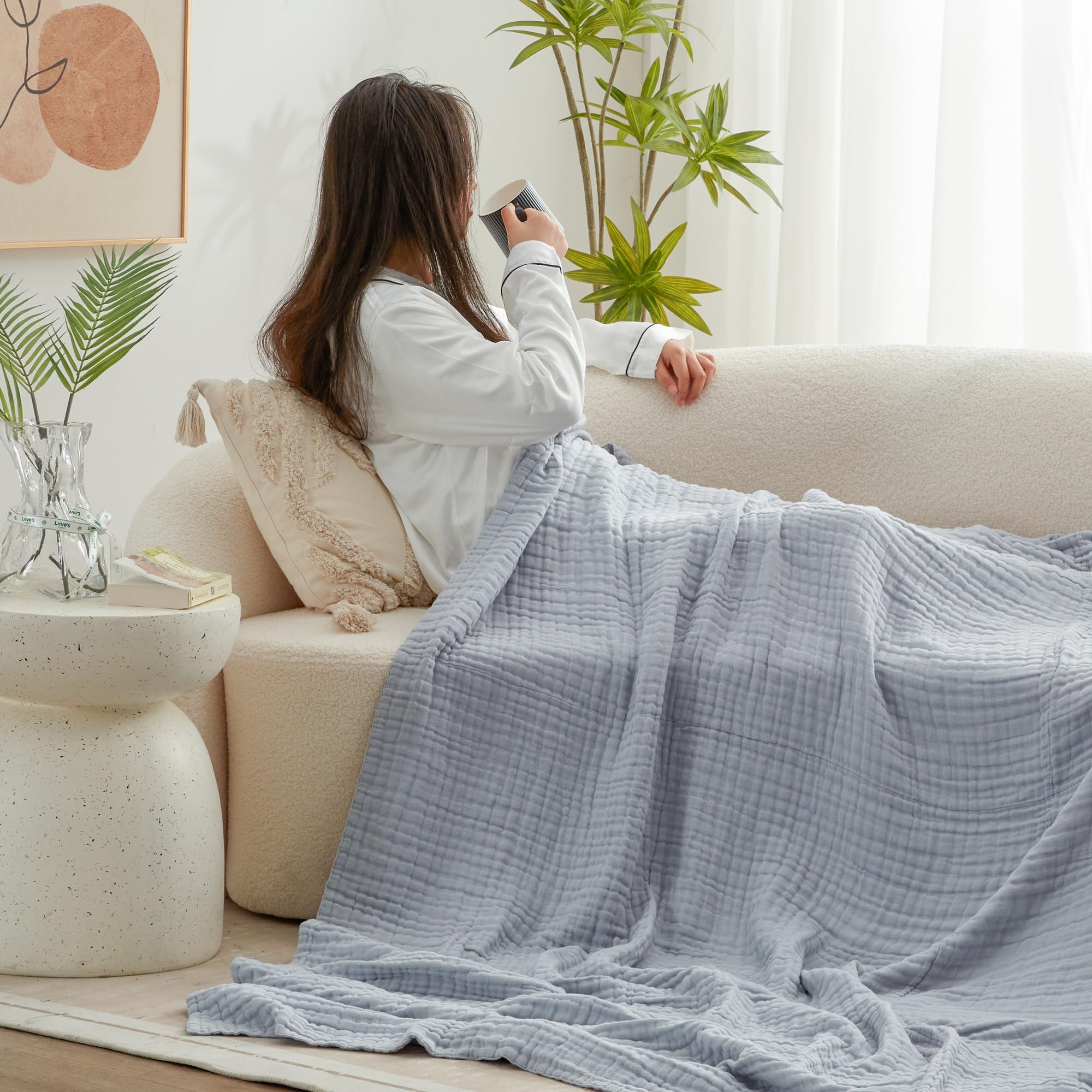 Love's cabin 6 Layer Cotton Muslin Blanket, 108"x90" Muslin King Size Blanket for Bed Couch, Bluish Grey King Muslin Blanket, Gauze Blanket for Adult, Lightweight and Breathable Blanket All Season