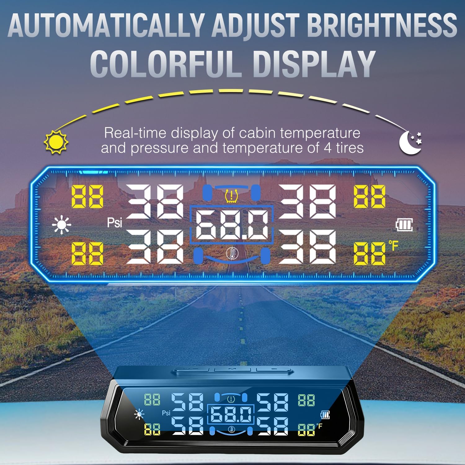 RV Tire Pressure Monitoring System, TPMS Set of 4 Sensors Solar/USB Charge Tire Pressure Monitor System with 6 Alarm Modes, Color LCD Display Auto on/off TPMS for Car RV Trailer Truck SUV (32FT-88PSI)