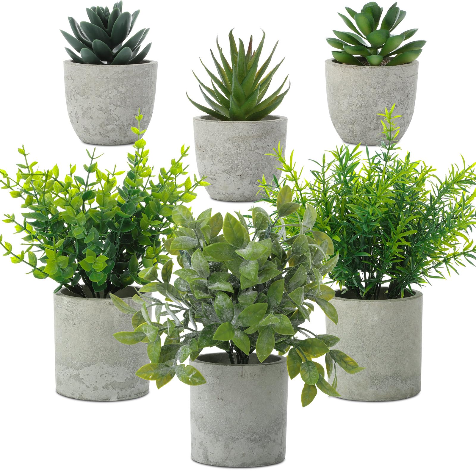 Chunful 6 Pack Small Artificial Greenery Potted Plants Indoor Mini Fake Eucalyptus Rosemary Succulents in Pulp Rustic Farmhouse Table Centerpiece for Shelf Bathroom Bedroom Kitchen Office