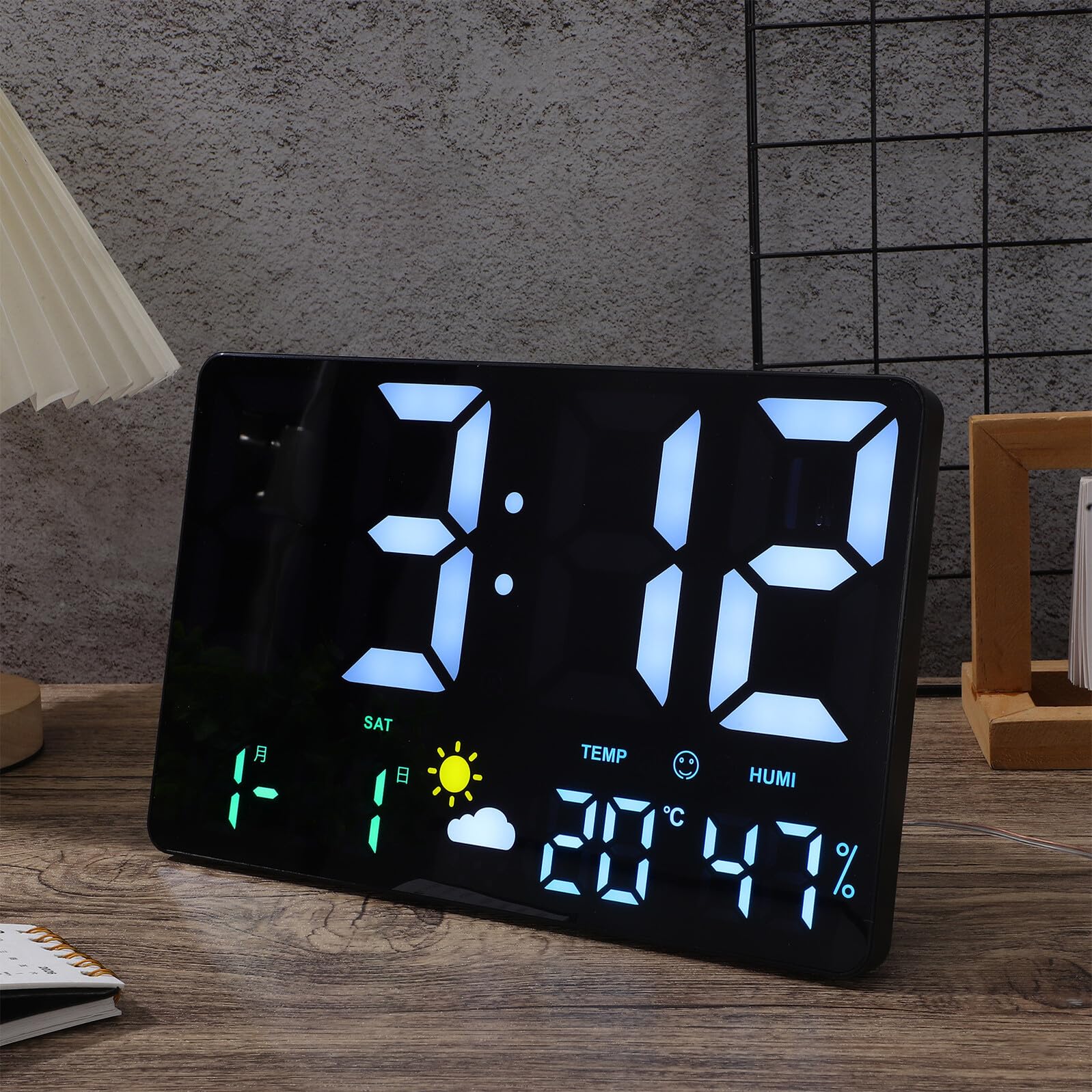 HOMSFOU Digitale Wanduhr LED Großformat mit Temperatur- und Luftfeuchtesensor Wetterstation Farbige Anzeige für Wohnzimmer Büro Wecker Kalender Countdown