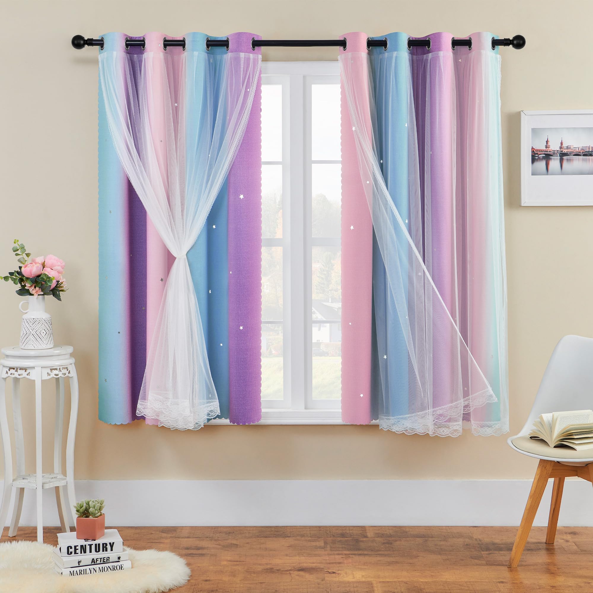 XiDi Curtains for Bedroom Decor, Rainbow Pink Purple/52/54