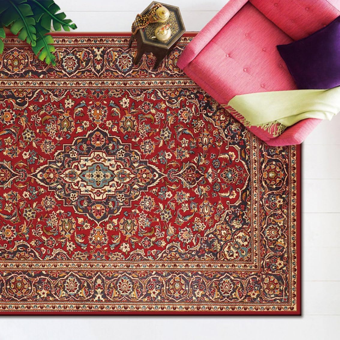 ペルシャ風洗えるラグ 200x250cm 3畳 花柄レッド 【1個限定