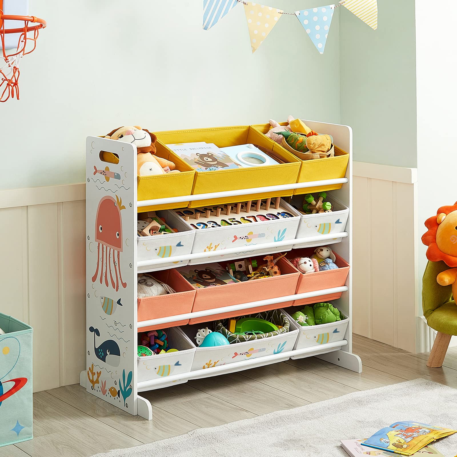 SONGMICS Estantería de Juguetes, Organizador Infantil con 12 Cajas de Tela No Tejida, para Libros, Estantería para Niños, para Sala de Juegos, Multiusos, Blanco GKRS04WT