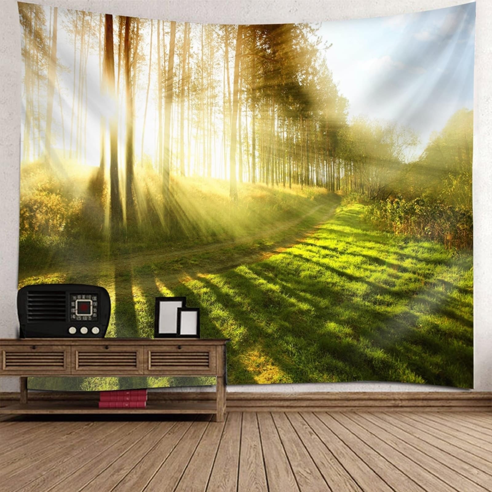 Skcess Tapiz verde para sala de estar, poliéster, árbol natural y césped, 200 x 200 cm
