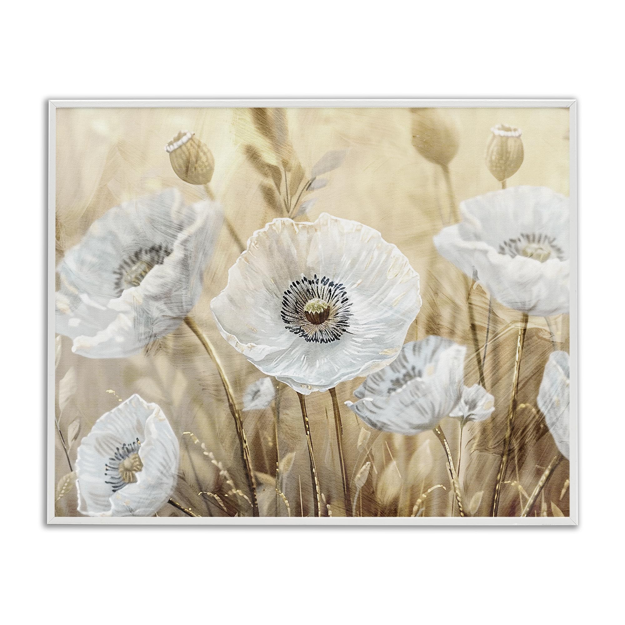 Stupell Industries Coastal White (Textured) White Poppies Beige Field Floral, 24 X 30 Inch Framed Giclée Print