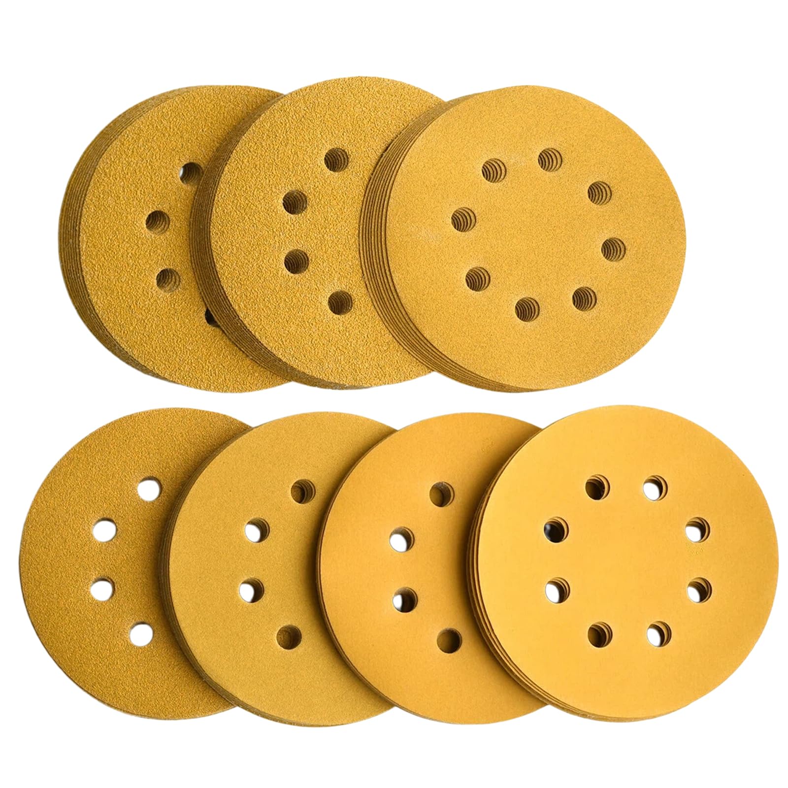 Discos de lijado de gancho y bucle de 5 pulgadas, 8 agujeros, 60/80/120/150/220/320/400 discos de lijado dorados para lijadora orbital aleatoria, paquete de 105