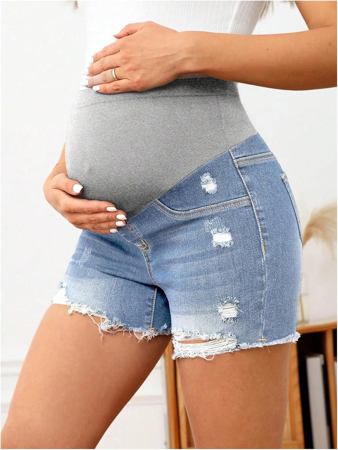 BEAUDRM Women's Maternity Ripped Raw Hem Skinny Shorts Elastic Waist Jeans Pregnant Denim Shorts