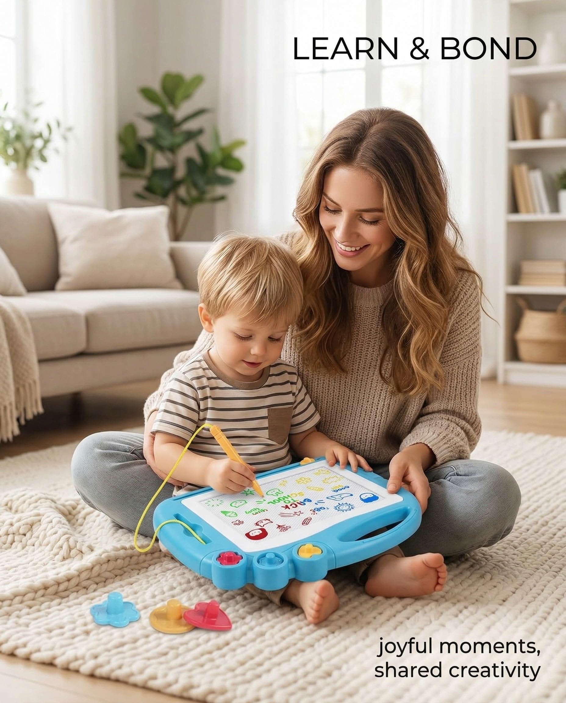 Lavagna Magnetica per Bambini 4 Colori Cancellabile Magnetica con 3 Timbri Magnetici e 1 Penna Giochi Bambini 3 4 5 Anni Lavagnetta Magica Regalo per Bambine e