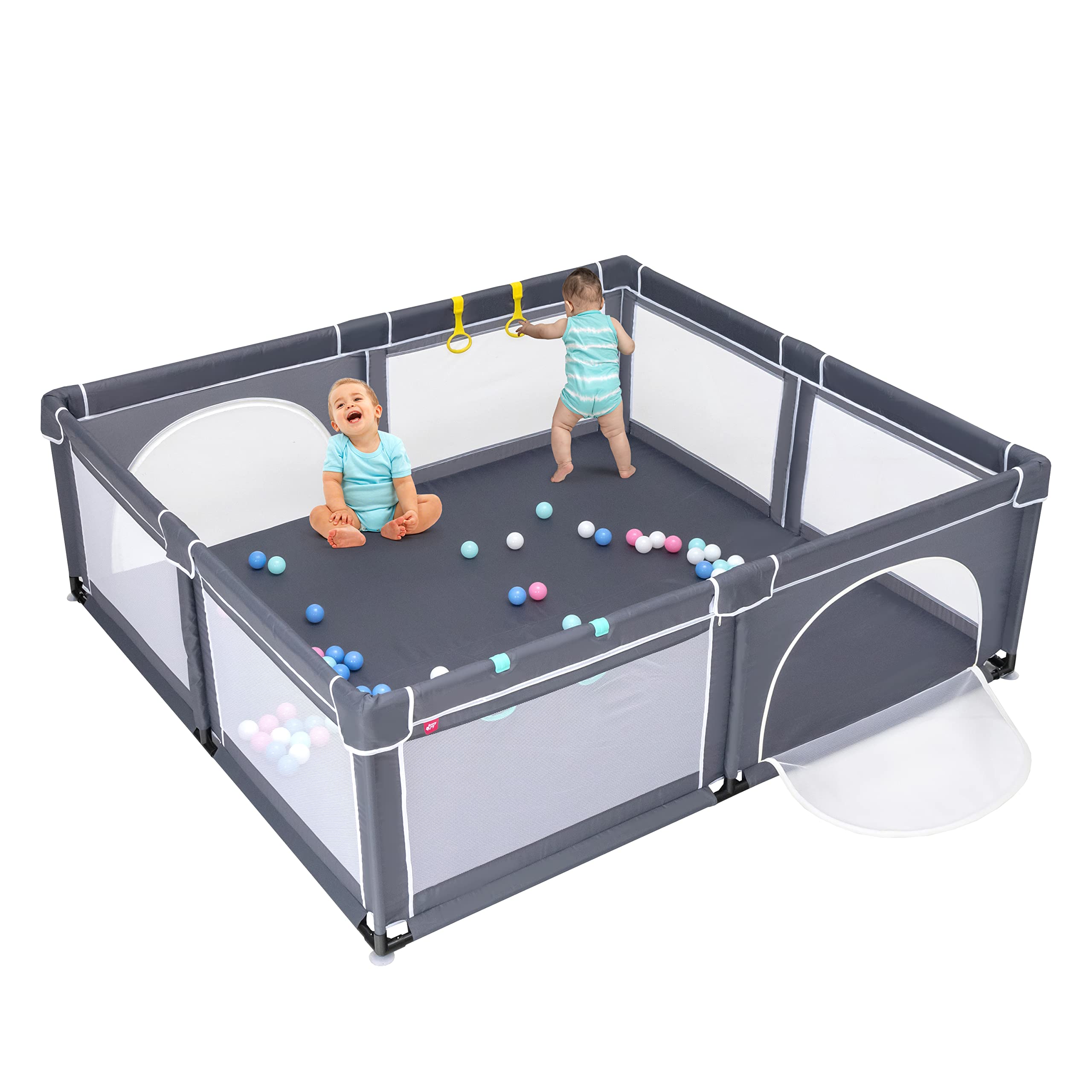 COSTWAY 206 x 185,5cm Baby Laufstall mit 50 Spielbällen, Laufgitter mit atmungsaktivem Netz und Reißverschluss, Krabbelgitter mit 2 Türen, Laufgitterzelt für Säuglinge und Kinder (Dunkelgrau)
