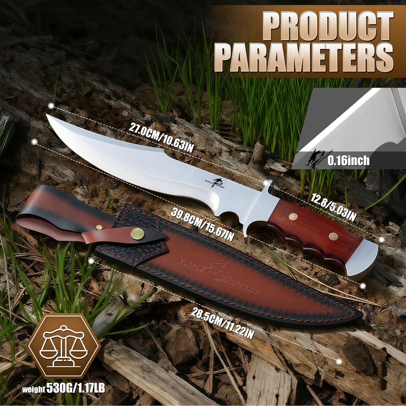 Purple Dragon Outdoor Survival Messer, Full Tang Scharfe Machete mit Holzgriff & Lederscheide, Vielseitiges Camping-Überlebenswerkzeug für Bushcraft & Wandern Geschenk für Männer