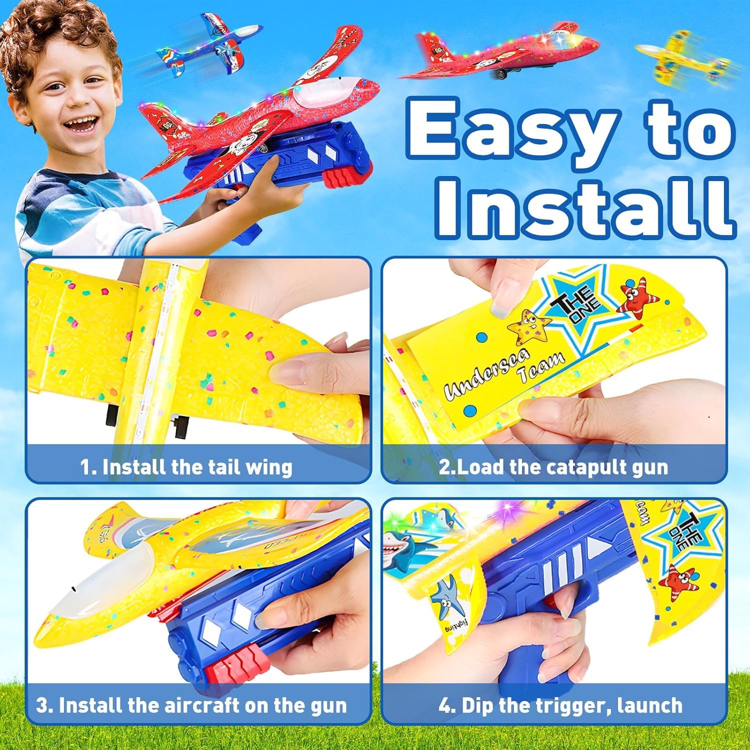 Flugzeug Spielzeug, 3 Stück Styroporflieger mit Katapult Pistole, Beleuchteter Flugzeugrumpf, Fugzeug Styropor Outdoor Spiele für Kinder, Outdoor Spielzeug Junge Mädche 3 4 5 6 7 8 9 Jahre
