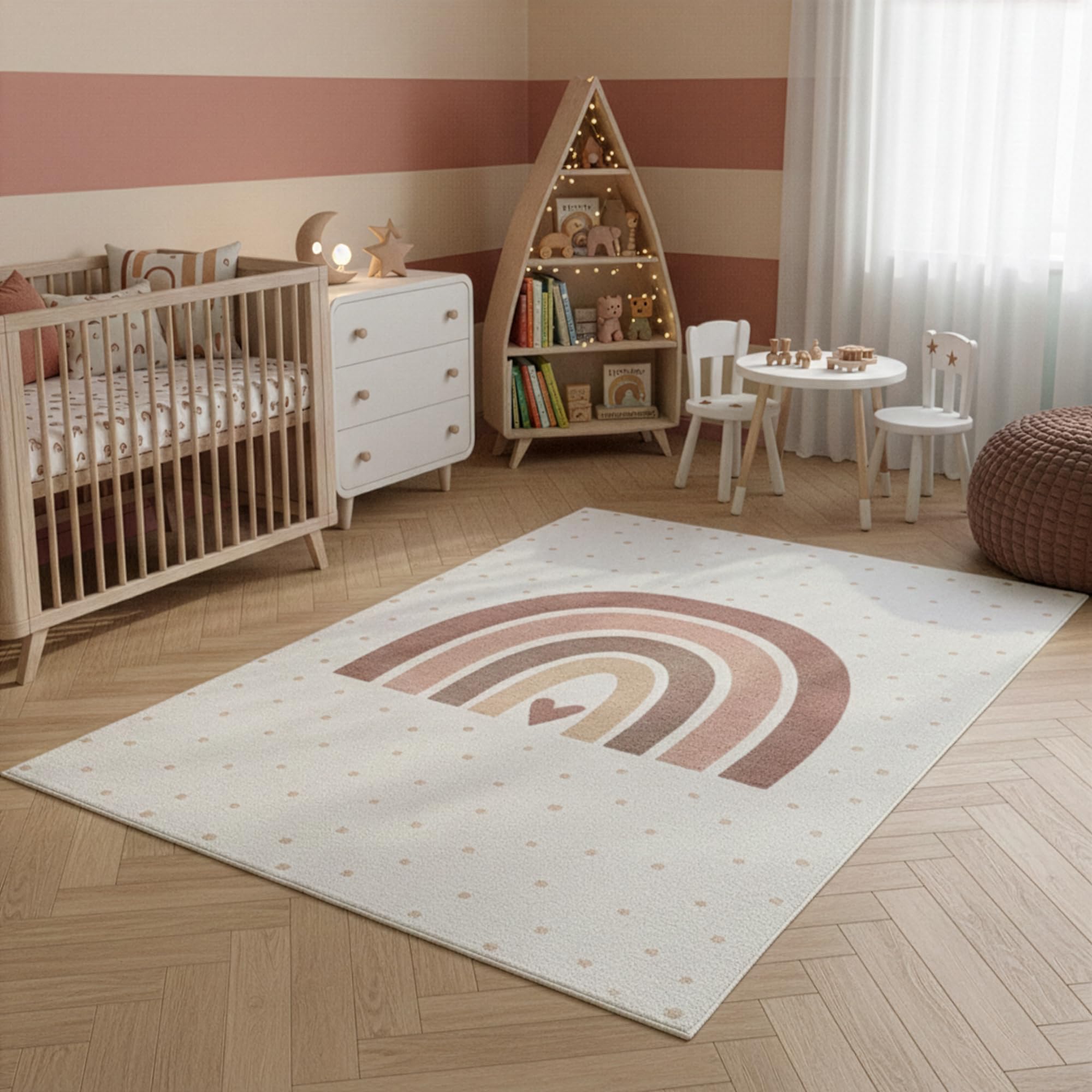SIMPEX Kinderteppich Regenbogen Spielteppich für Kinderzimmer in Creme mit Herz Motiv Größe 140x200 cm für großzügige Spielflächen detailreiches Motiv