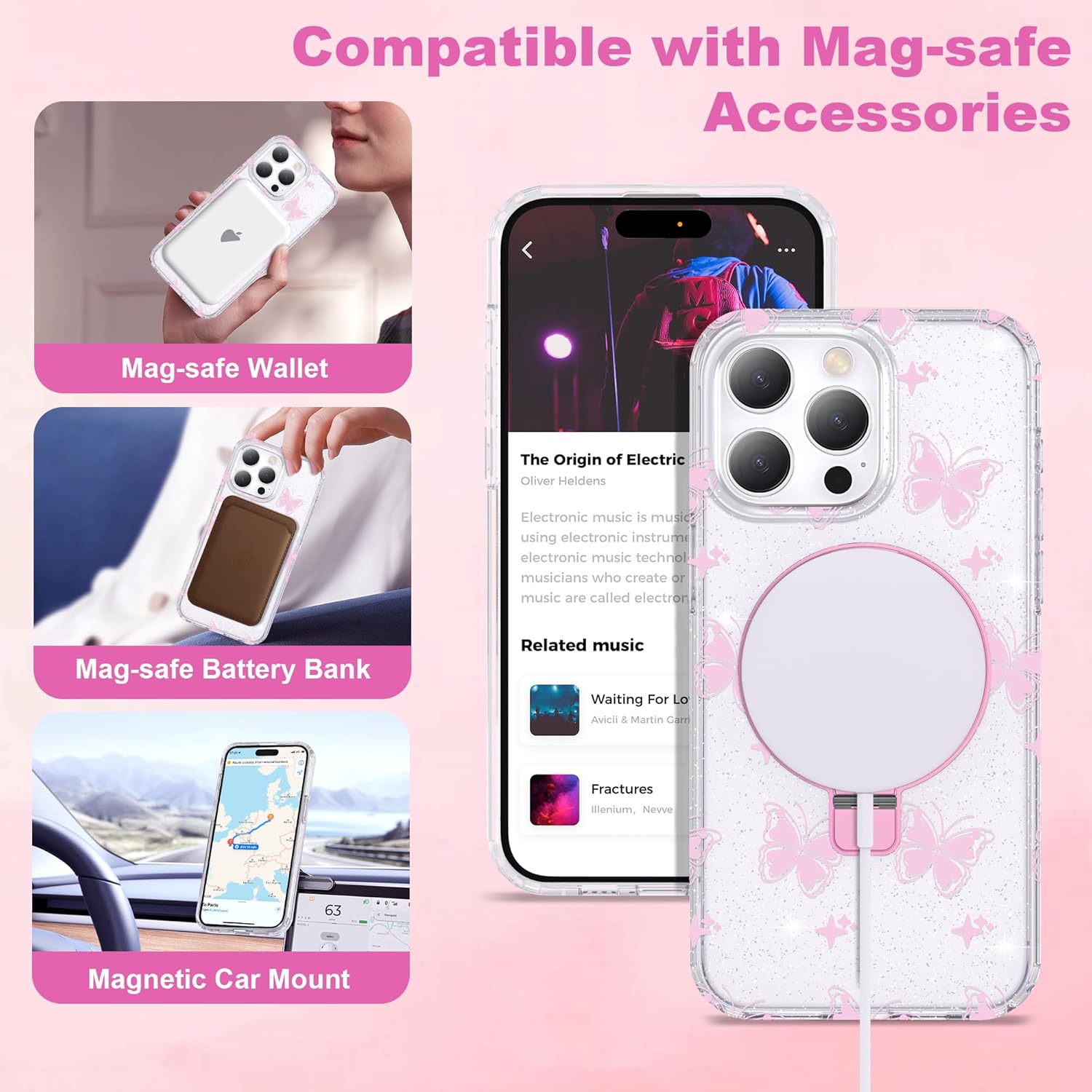 Compatible with iPhone 14 Pro Max Case Clear Pink Butterfly Pattern Design with Magnetic Ring Stand [Compatible with Mag-Safe] Cute Soft TPU Shockproof Protective Phone Case for Women, Pink - Image 3