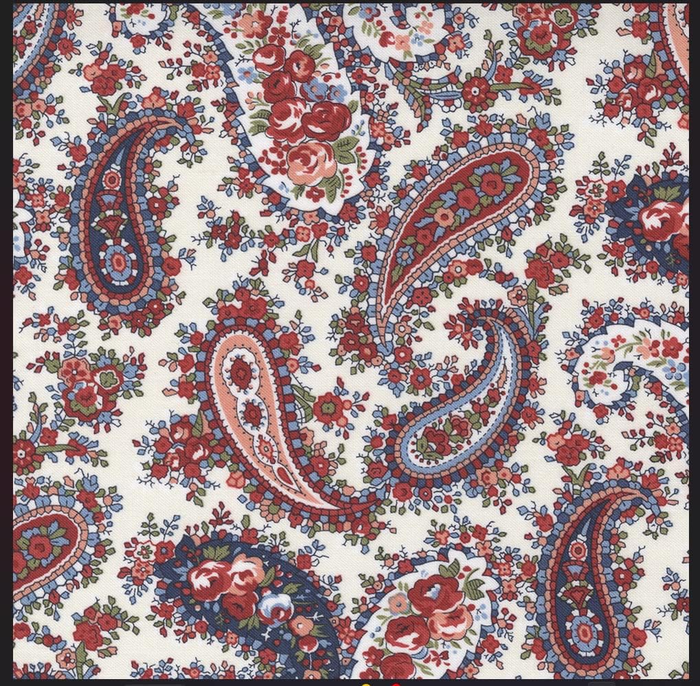 Isabella, Red and Blue, Paisley, Cream Background, Fabric, Moda, 14942-11, by The Yard