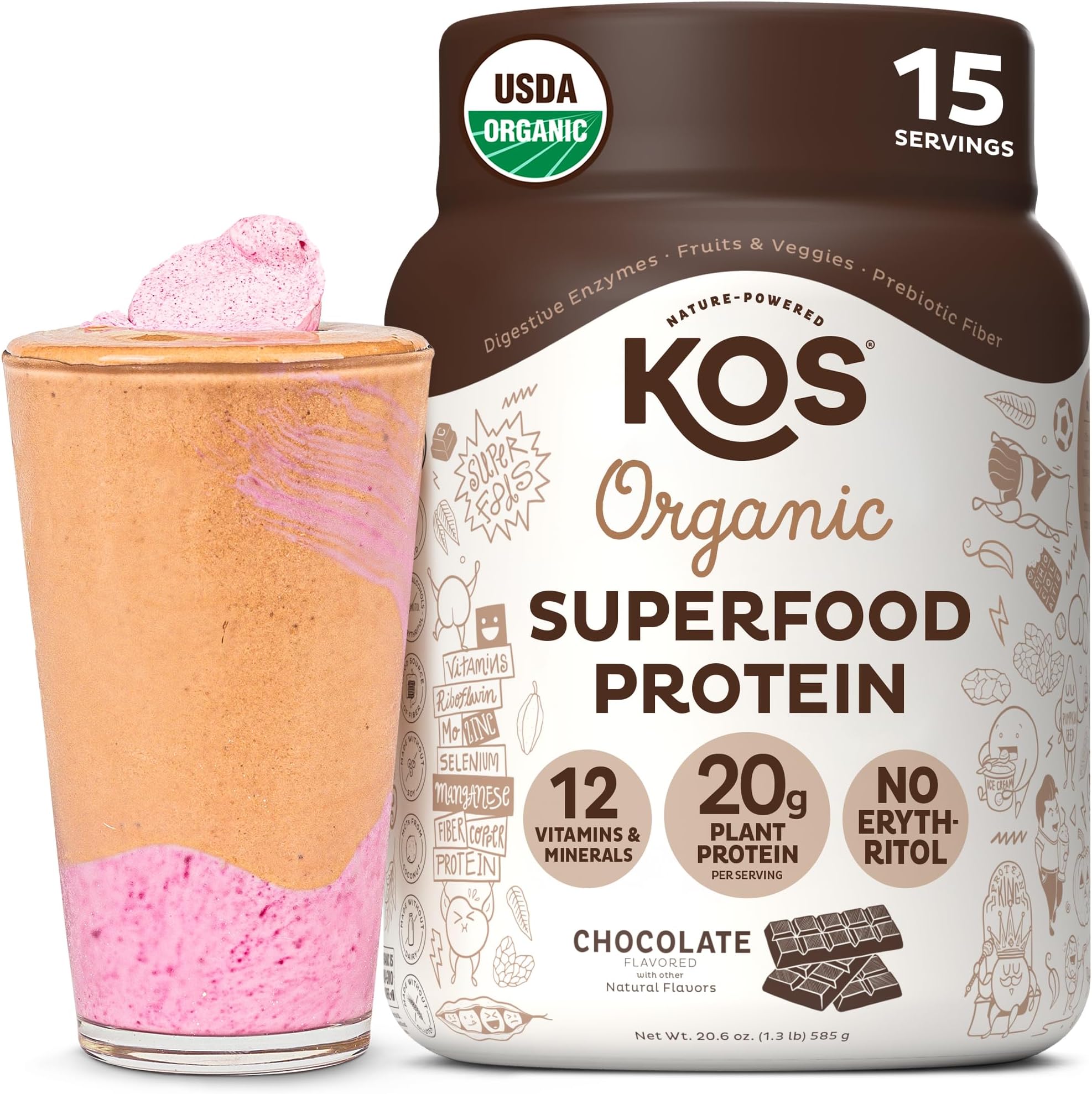 KOS Organic Plant Based Protein Powder - Delicious Chocolate - Gluten, Dairy & Soy Free Vegan Protein Powder - Ideal For Meal Replacement Shakes For Weight Loss -1.3 Pounds, 15 Servings 1.3 Pound