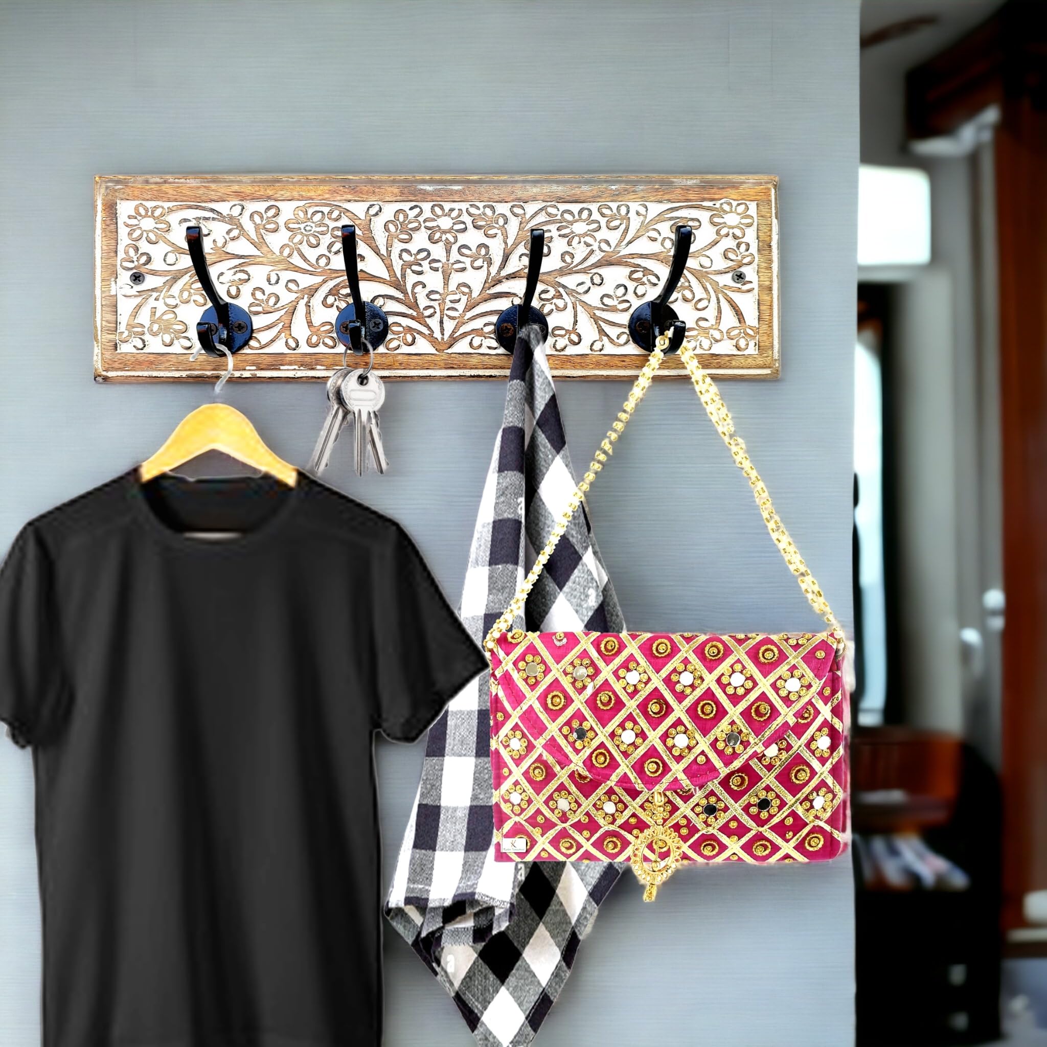 Fribiland Wooden Wall Hanging Hooks//Wooden Hooks for Clothes//Hooks for Bathroom//Coat Hooks//Hat Hooks.Mango Wood,Brown with Carving Work,Size-(15"×5") inch