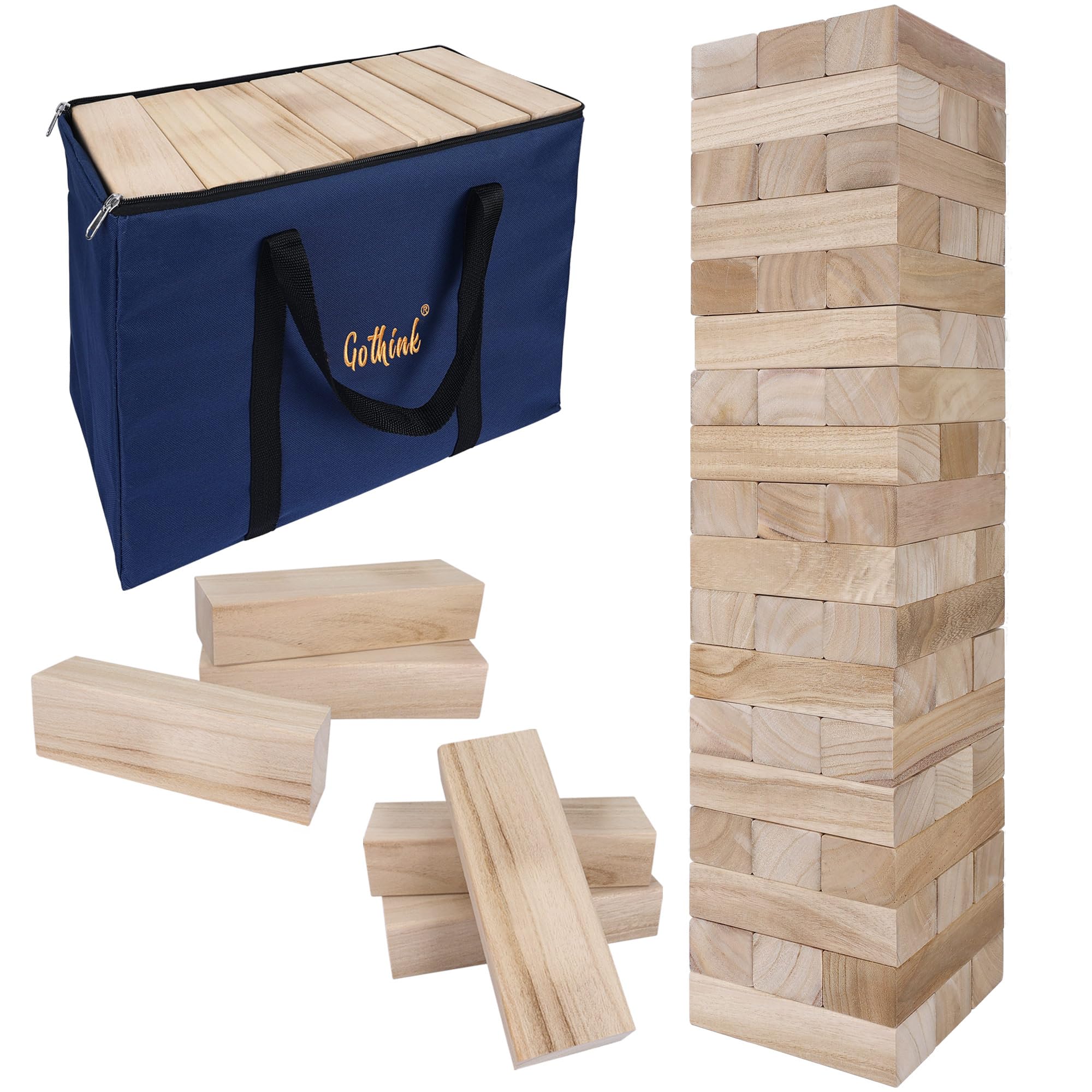 GOTHINK - Juego de torre gigante para remolque, torre grande apilable a más de 5 pies, 54 bloques de madera jumbo para juegos de patio exterior con funda de transporte, apilamiento de madera, juguete
