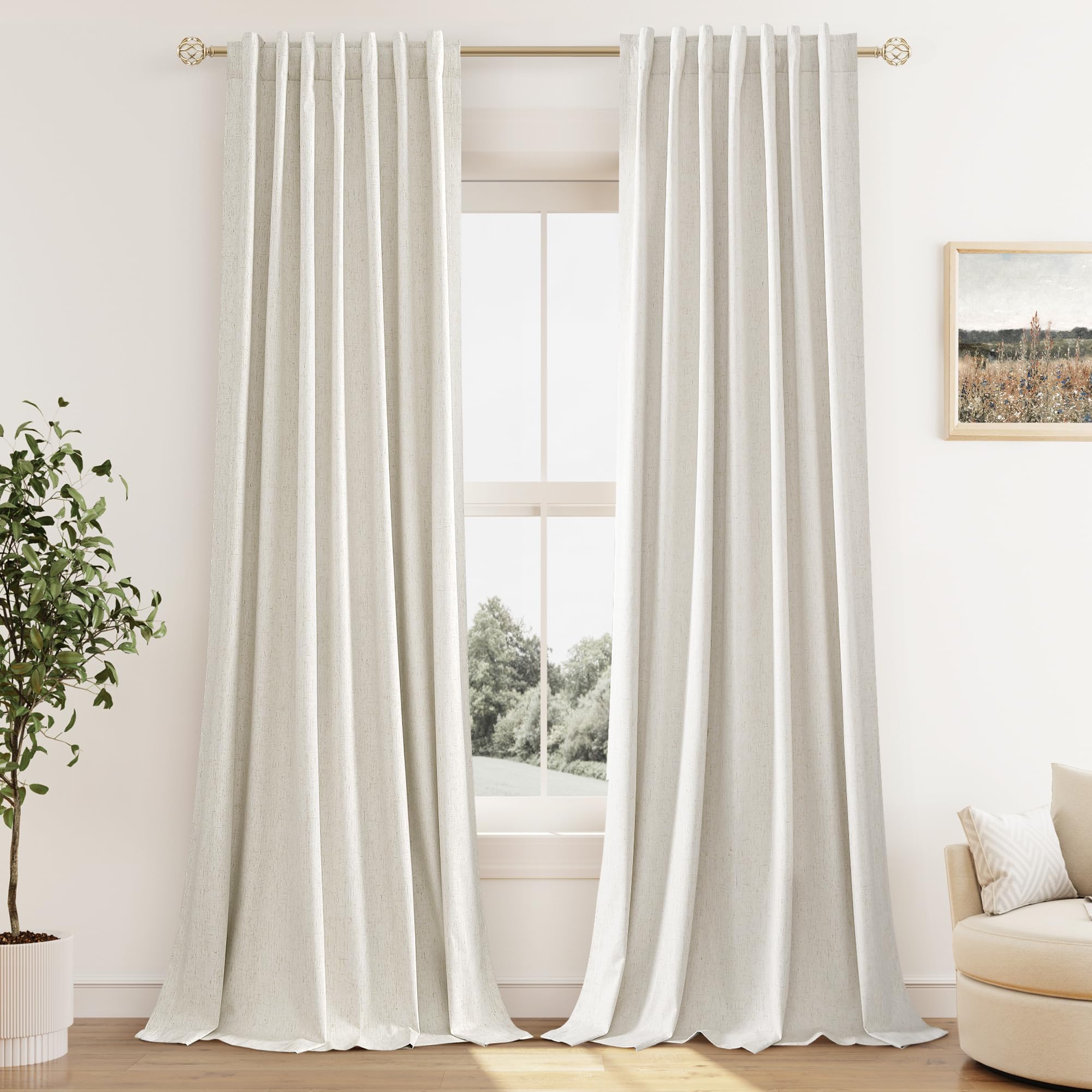 Cream Linen Blackout Curtains 98 Inch Length 2 Panels Set for Living Room Bedroom Back Tab Thermal Insulated 100% Black Out Linen Drapes Room Darkening Window Curtains 98 Inches Long Ivory Natural