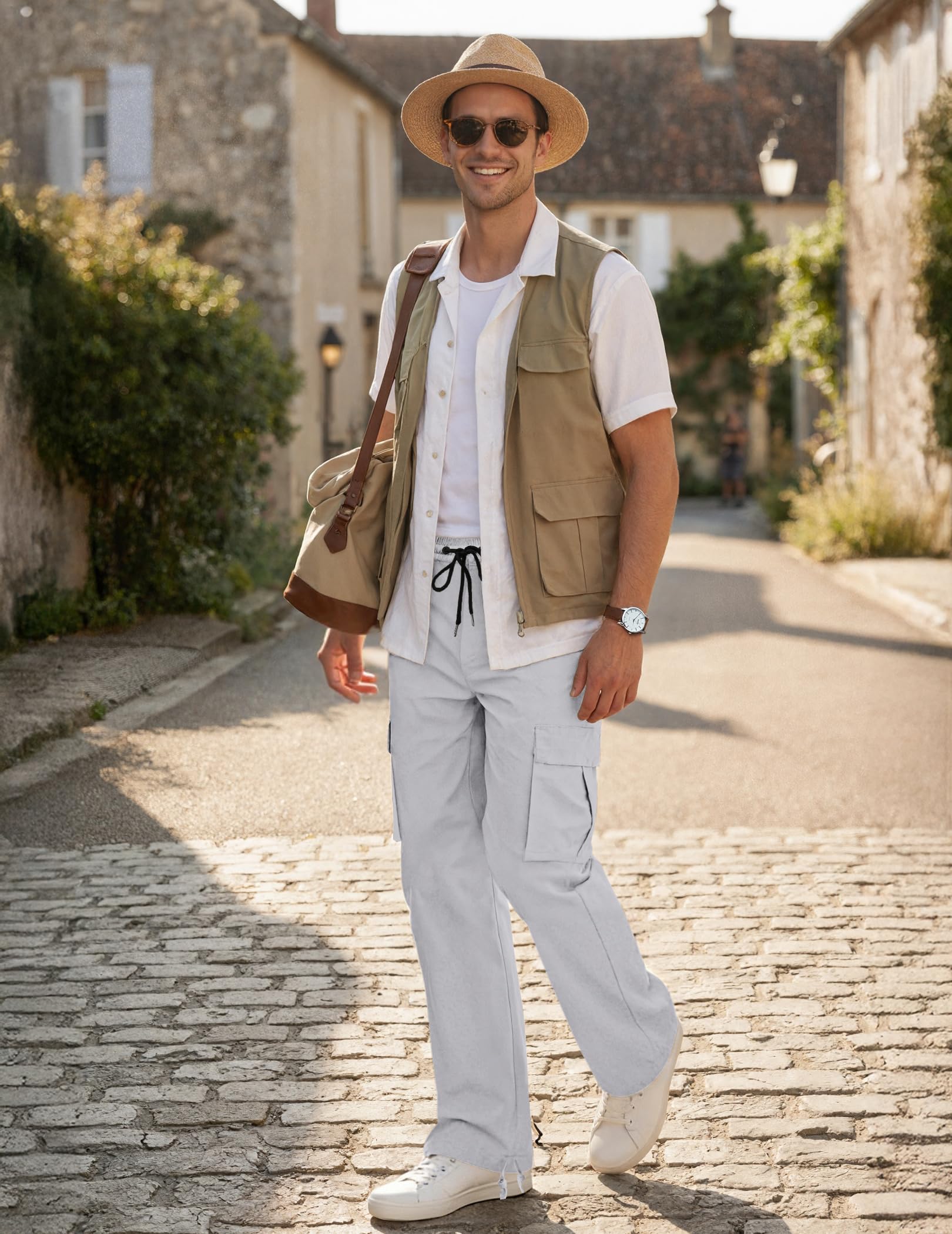 TARAINYA Pantalon Cargo Homme Coton Sergé Long | 97%Coton,3%élasthanne;Coupe Ample;Taille élastiquée Avec cordon De Serrage;2 Poches Latérales à Bouton-pression