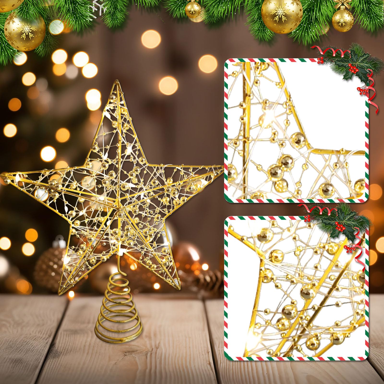 Cimier de sapin de Noël doré pailleté avec 20 lumières LED pour décorations de Noël, décorations de vacances, décoration d'intérieur - 25,4 cm