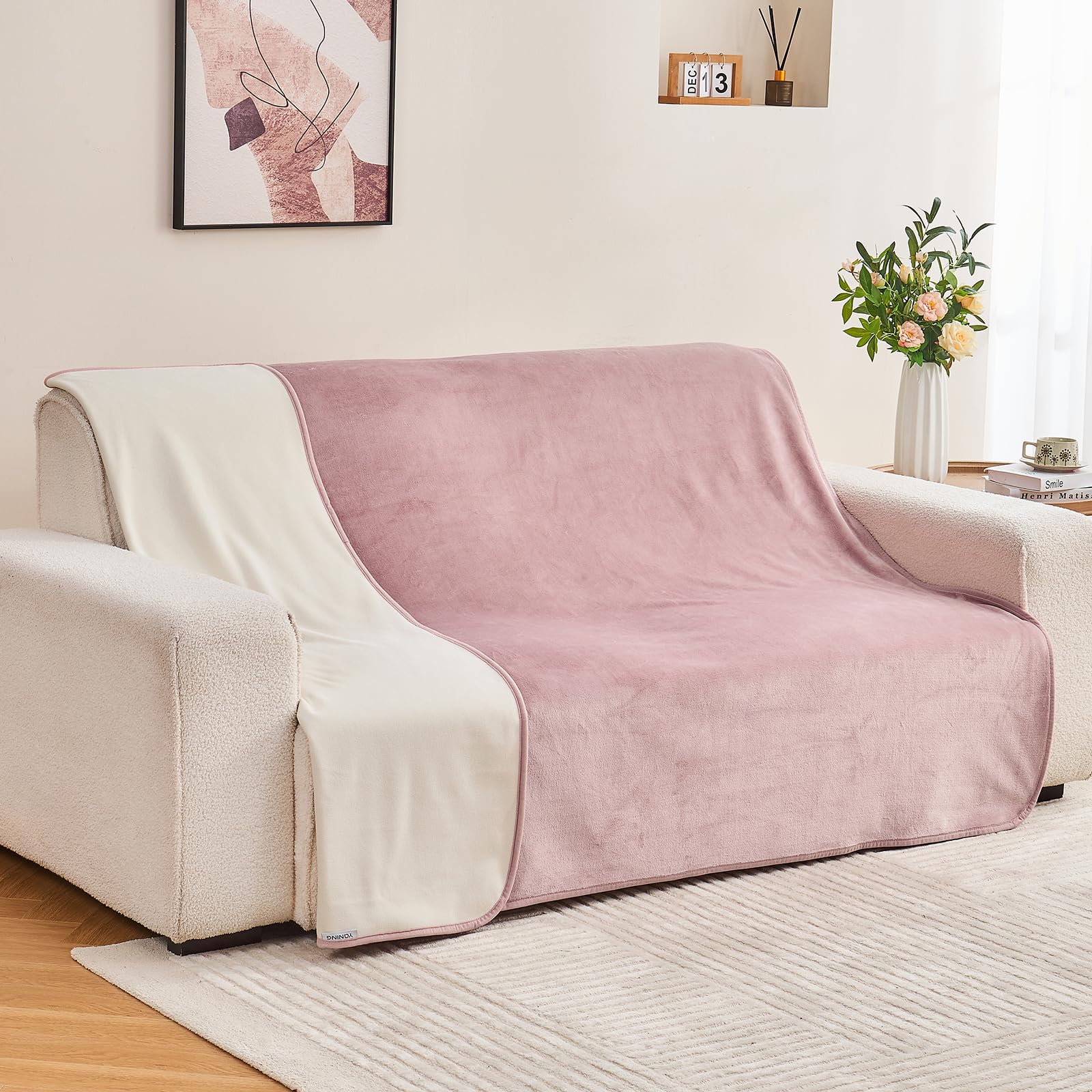 wasserdichte Decke 152x203cm für Erwachsene, umkehrbare wasserdichte Bettdecke für Hunde Katzen Haustiere, weiche leckdichte Decke für Bett Couch Sofa Möbel Schutz, Grau Rosa/Beige Weiß
