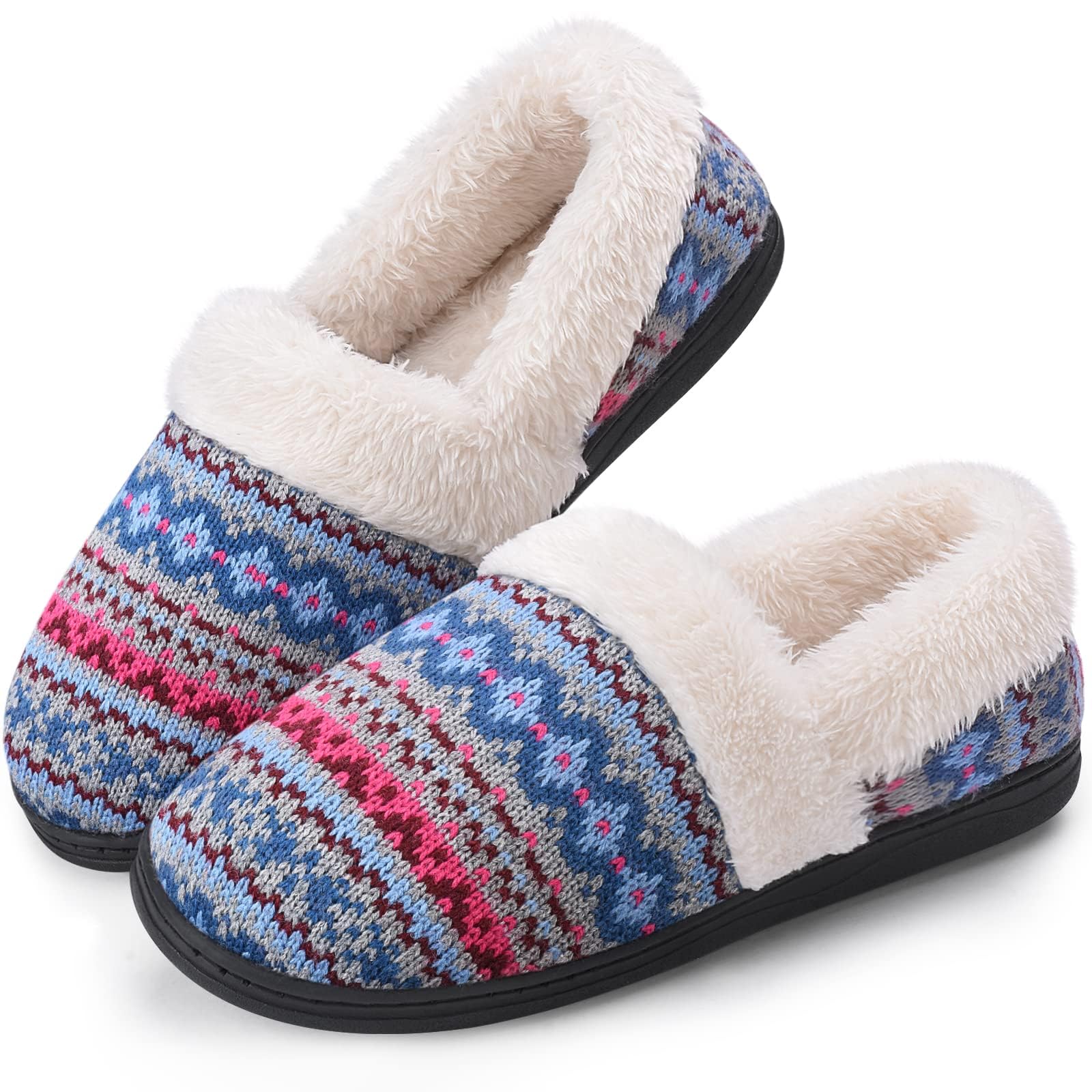 Homitem Women's Memory Foam Slippers Slip-On Knit Fuzzy Wool-Like Plush Fleece Lined House Slippers Shoes Indoor Outdoor Slippers Women Anti-Skid Rubber Sole Slippers, Baby Blue, 7-8