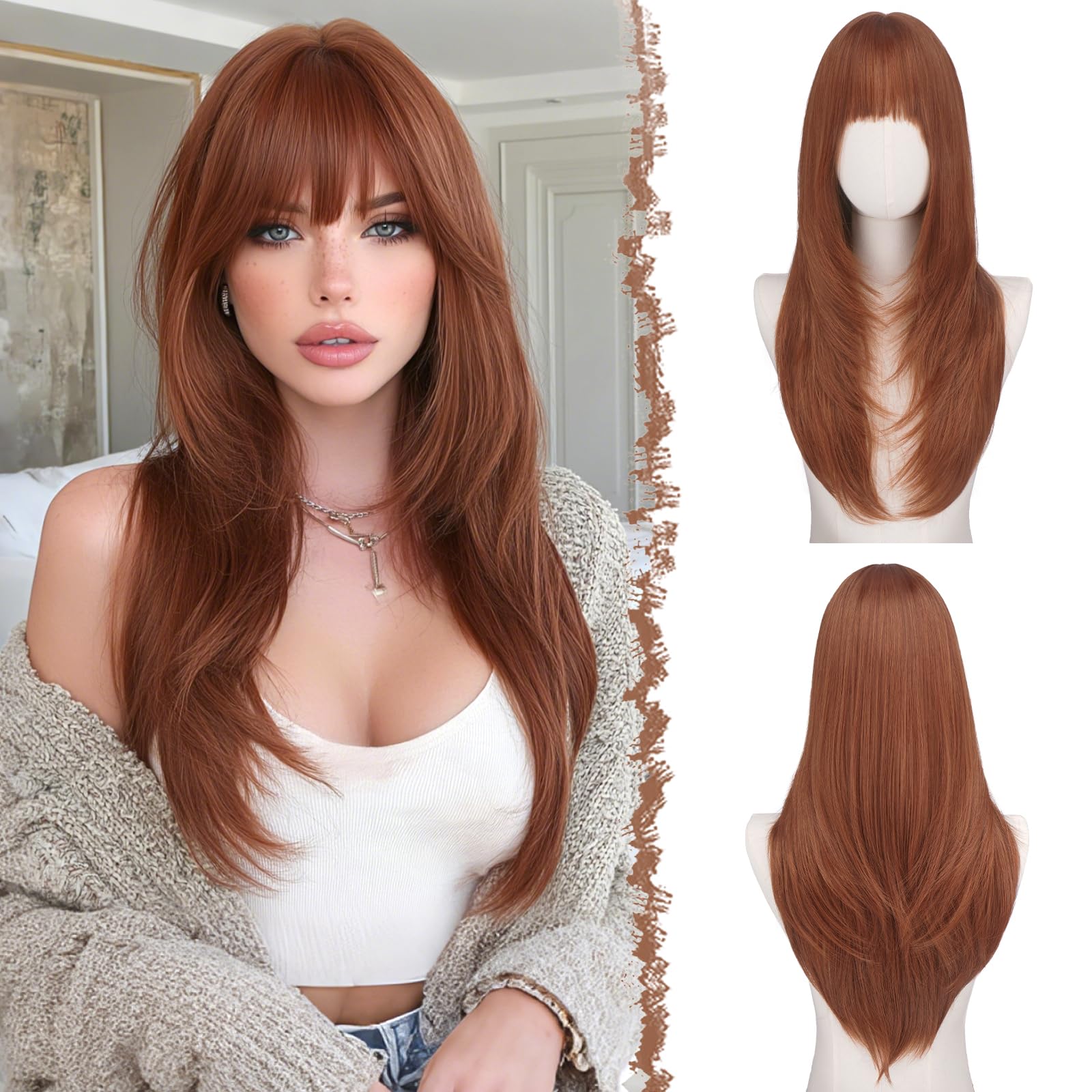 FESHFEN Lisci Parrucca con Frangia - Lunghe a Strati Rame Rosso Parrucche per Donna Naturali Sintetico Parrucca Capelli Lunghi Dritto Layered per Festa Quotidiano, 60 cm