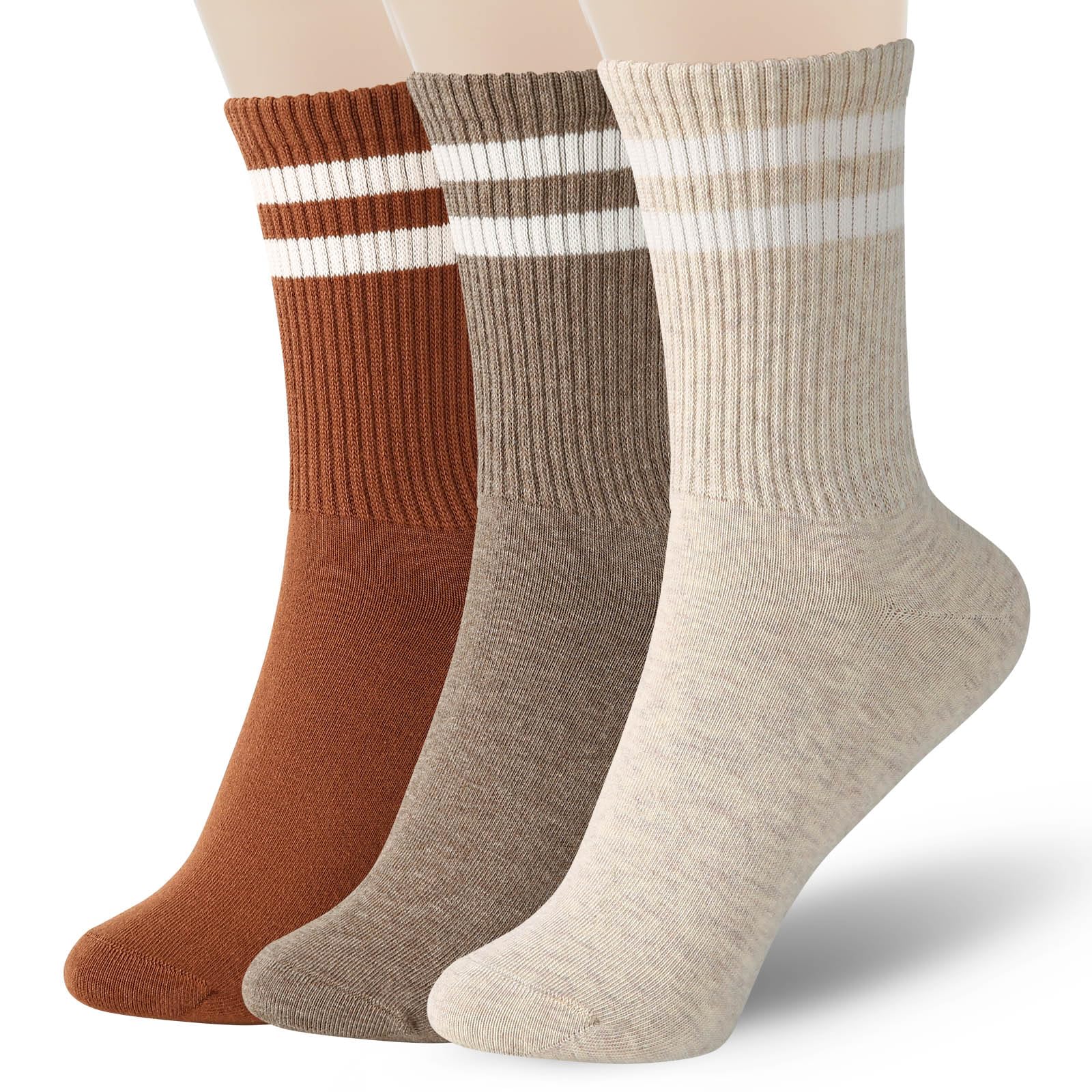 FGZ Womens Striped Crew Socks,Retro Neutral Color Cotton Socks,Vintage Sporty Mid Calf So…