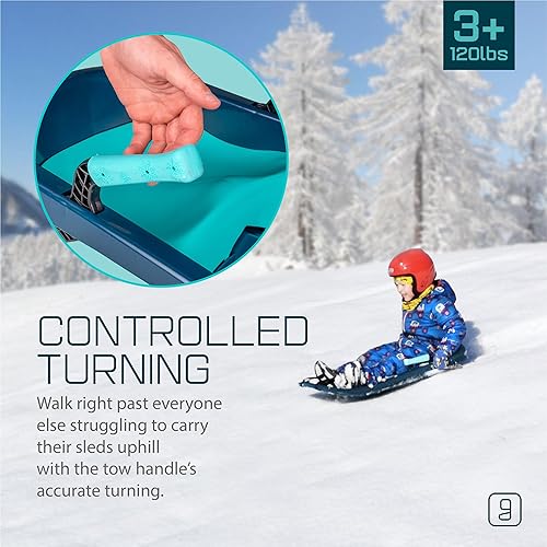 Vista 23 de Trineo de trineo duradero para niños, plástico, ligero, trineos de nieve de invierno con correa de remolque y frenos de dominadas Azul