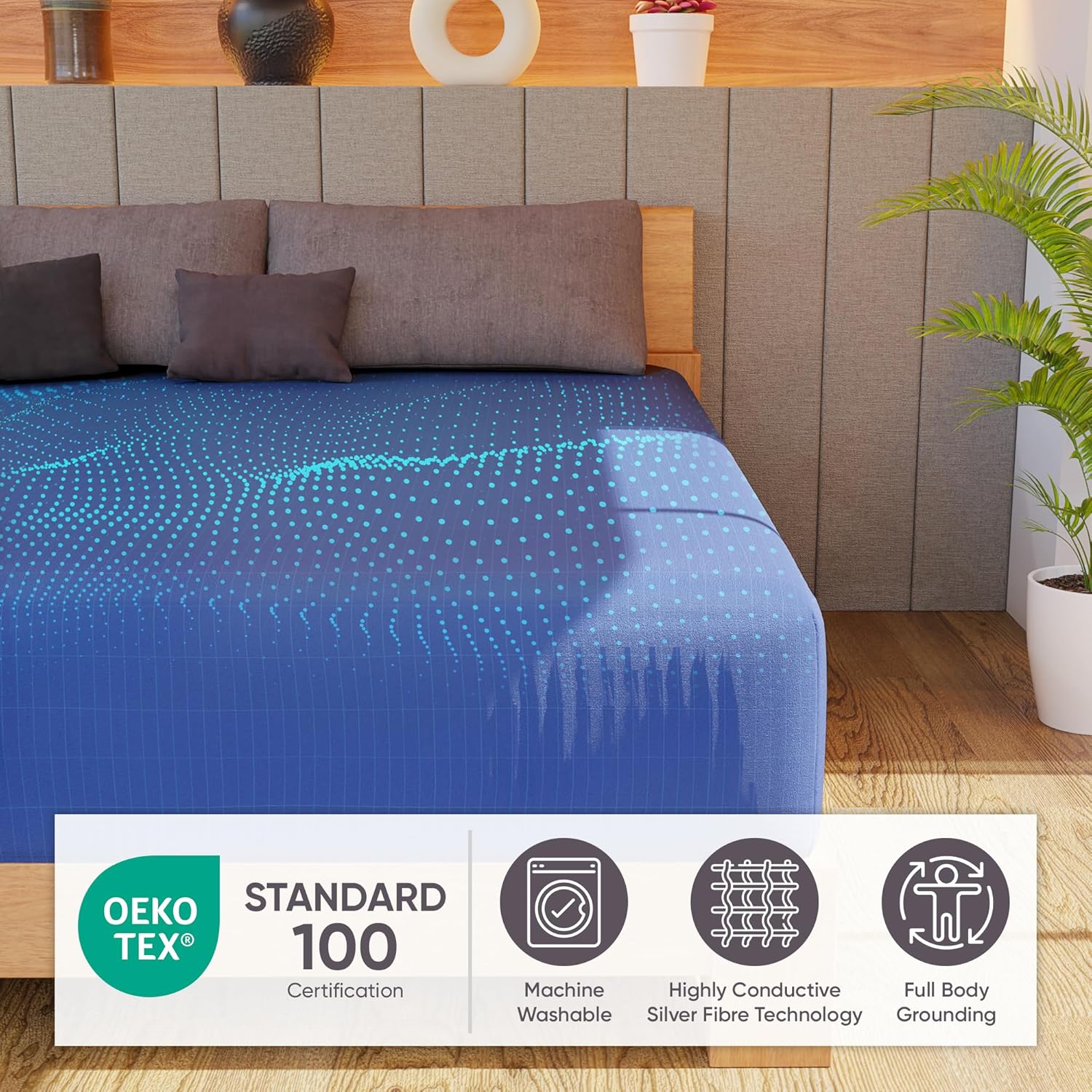 Grounding Sheets for Earthing - Premium Organic Cotton Grounding Bed Sheets w/ 15ft Cord & Outlet Checker - Machine Wash Deep Pocket Fitted Sheet for Queen Size Bed