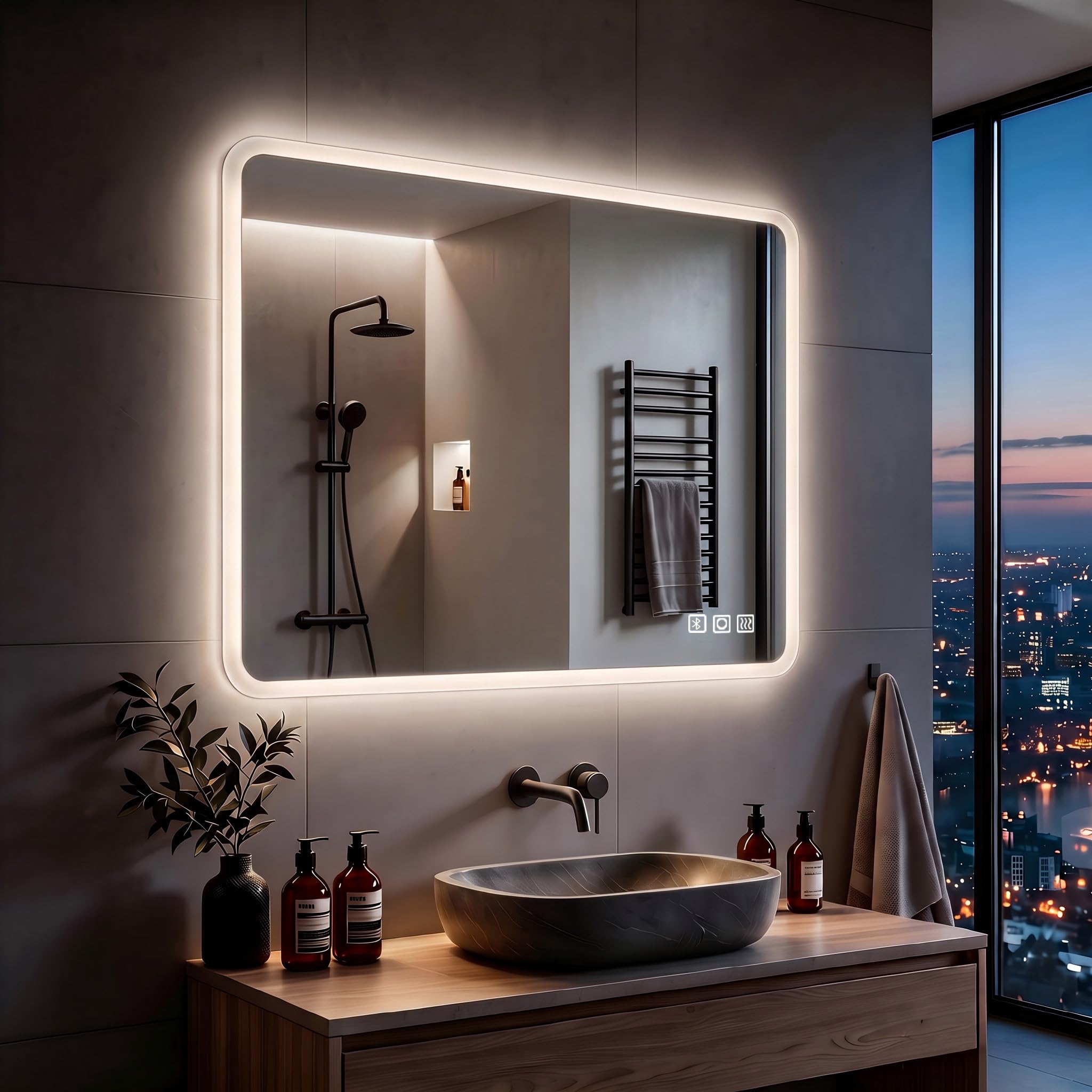 MIQU Badspiegel LED 80 x 60 cm Badezimmerspiegel mit Beleuchtung Groß Spiegel mit Licht Touch dimmbar Rechteckig Wandspiegel mit Bluetooth + Steckdose +Beschlagfrei + 3 Lichtfarben