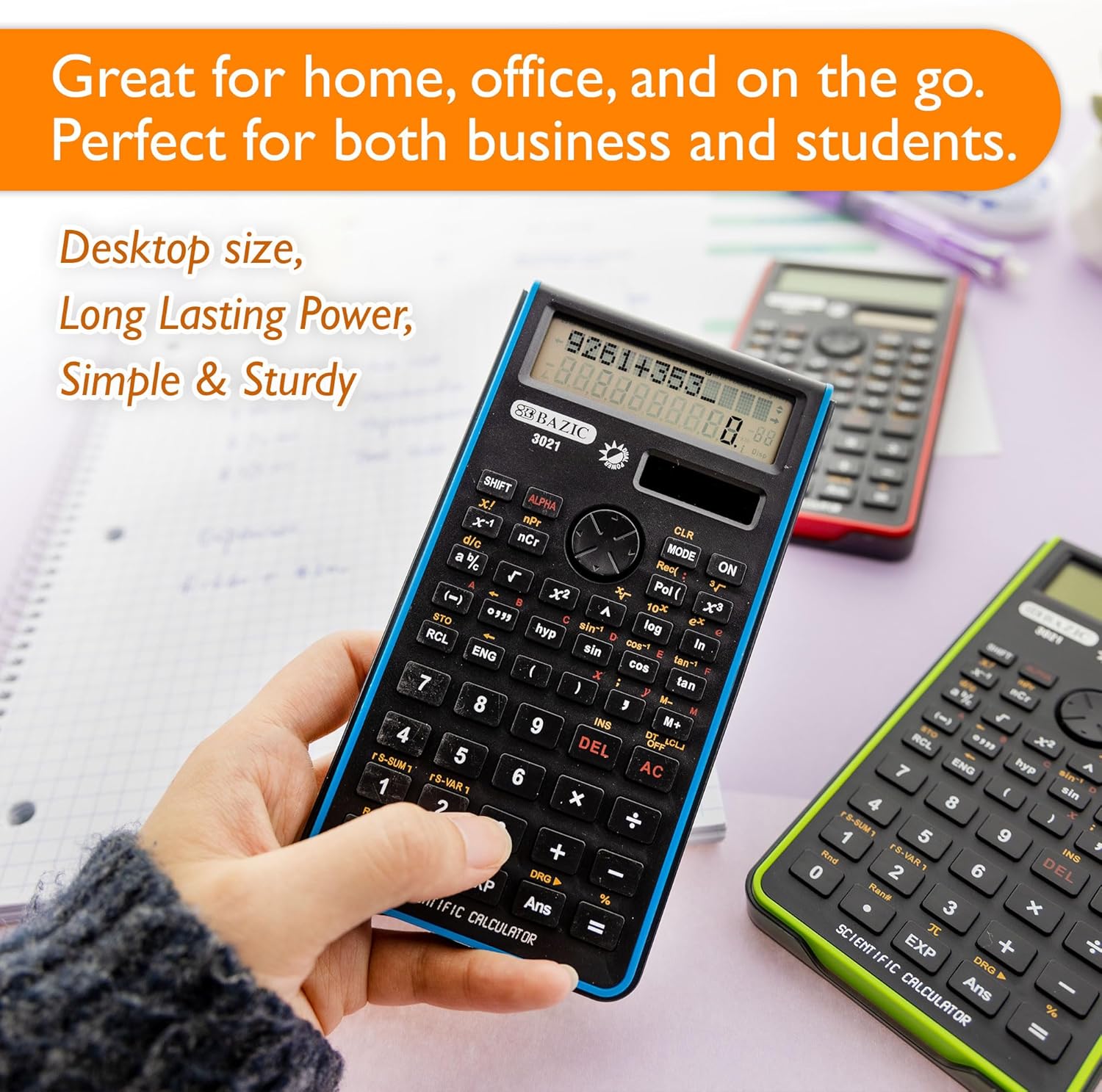 BAZIC Products Scientific Calculator 240 Function, Dual Hybrid Battery and Solar, Slide-On Case, Engineering Calculators LCD Display, for Professional, 3-Pack