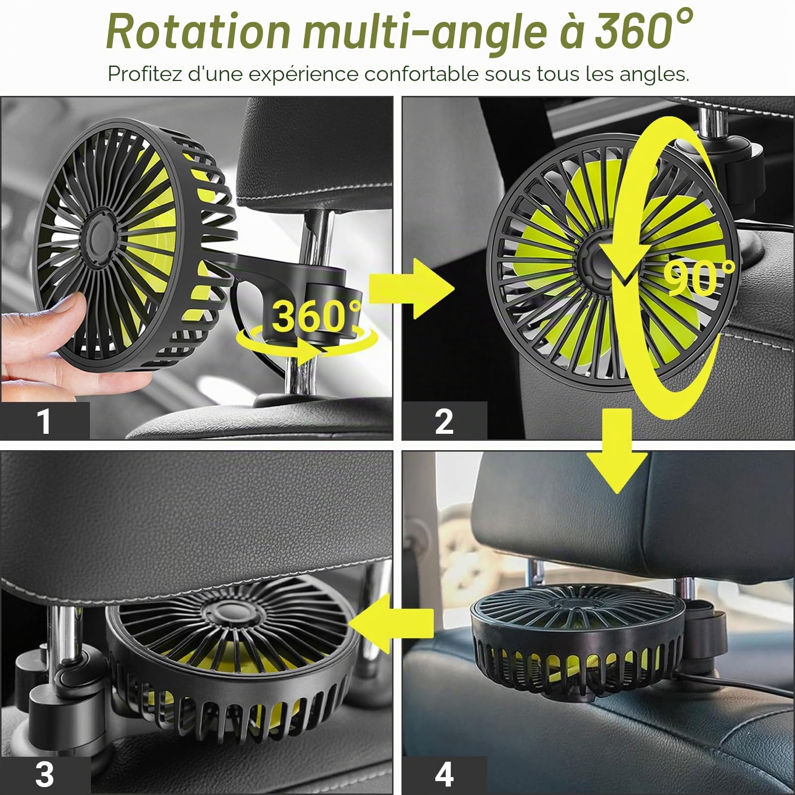Ventilateur de voiture USB, rotation 360°, 3 vitesses, ventilation USB pour siège arrière, mini ventilateur pour camion 12V, camping-car, bateau et caravane