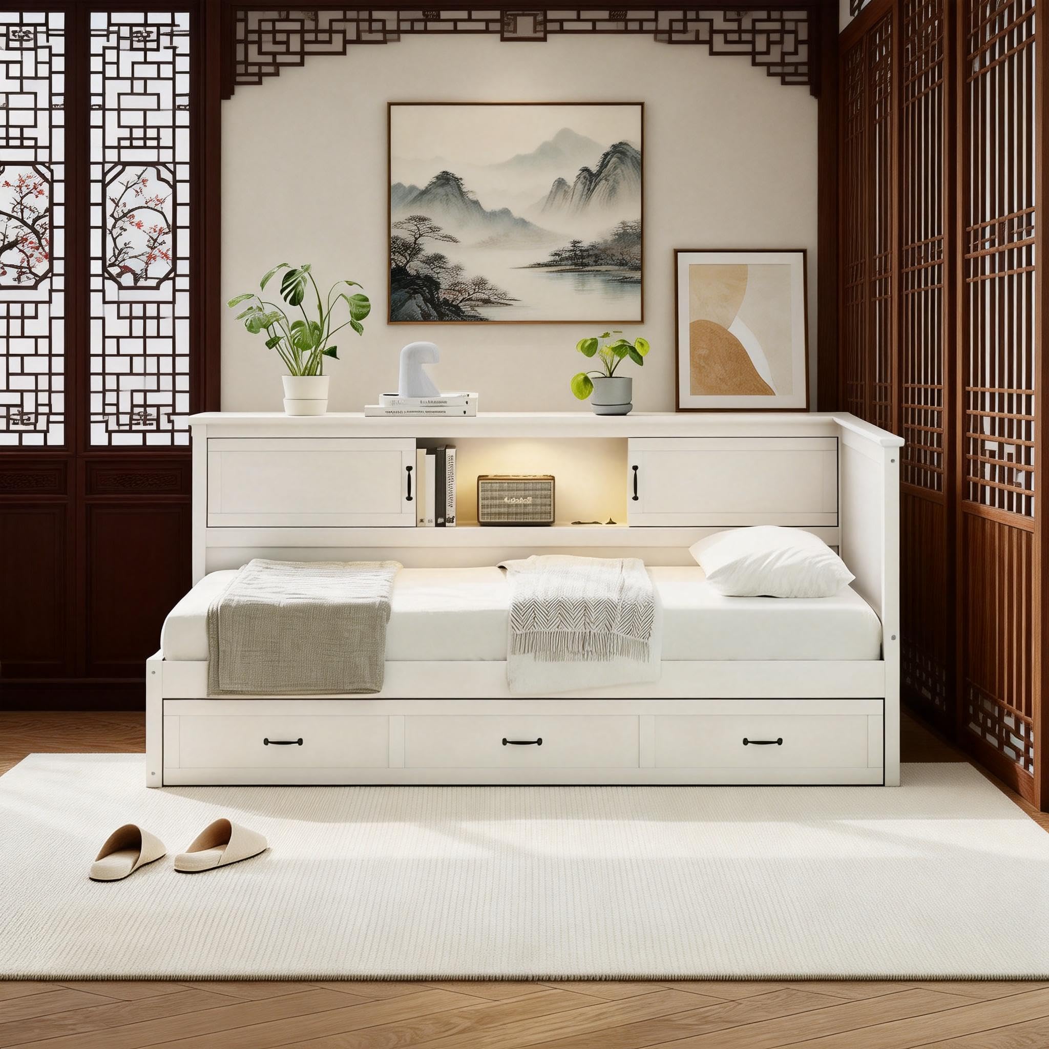 BEDGJH Wooden Twin Size L-Shaped Corner Storage Daybed Captain Bed Frame with Storage Bookcase, Drawers, Led Downlight and USB Port (White/Corner with