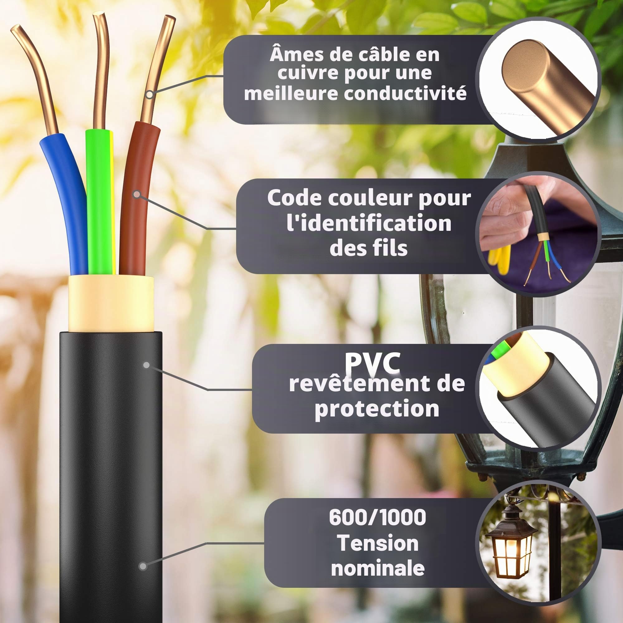 Câble d'alimentation de terre NYY-J, 5, 10, 15, 20, 25, 30, 35, 40, 50, 75, 80 ou 100 m, 3 x 2,5 mm², câble électrique, anneau pour pose en extérieur, en sous-sol