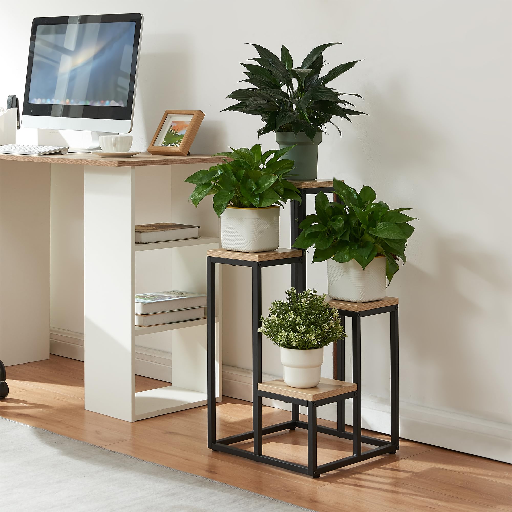 [en.casa] Scaffale Porta Piante a Gradoni Mobile Espositore per Vasi Fiori con 4 Ripiani a Diverse Altezze Supporto Piante a 4 Livelli 67 x 34 x 34 cm - Nero / Effetto Rovere